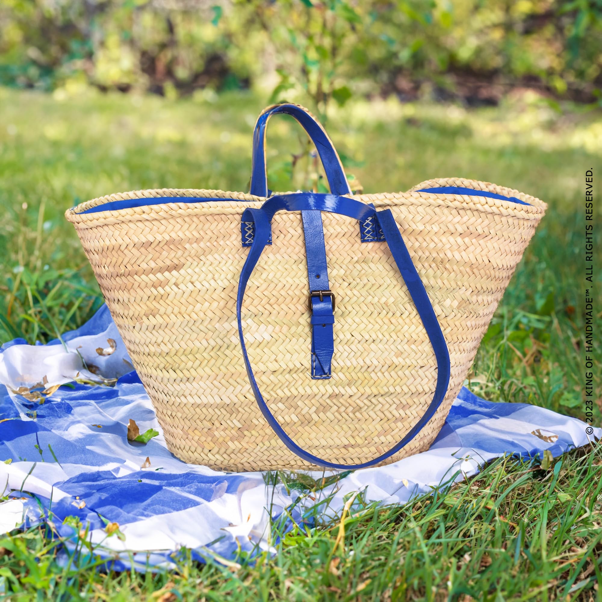 Stylish Women's Straw Beach Bag & Travel Tote - Blue French Woven Basket Purse for Vacation, Picnic, Wedding (Flower Girl Basket) - Fashionable Summer Accessory for Beach Outings, Pool Parties & Shopping Trips