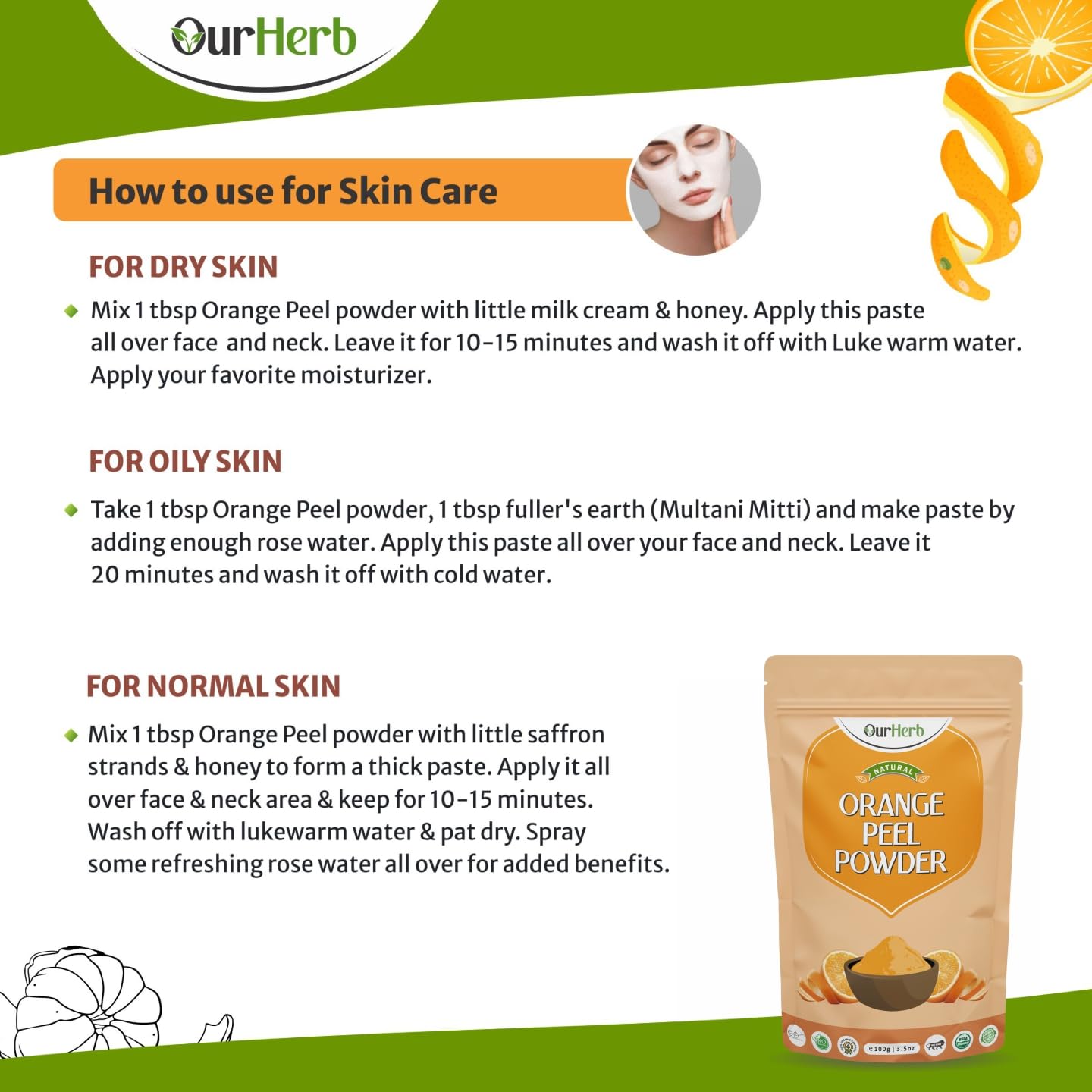 OurHerb - 100% Pure Sandalwood & Orange Peel Powder (2 x 100g) | Natural Face Mask for All Skin Types | Exfoliating Facial Scrub & Skin Brightening Treatment | Includes Free Wooden Spoon | Perfect for Spa Day, DIY Skincare & Ayurvedic Beauty Routines