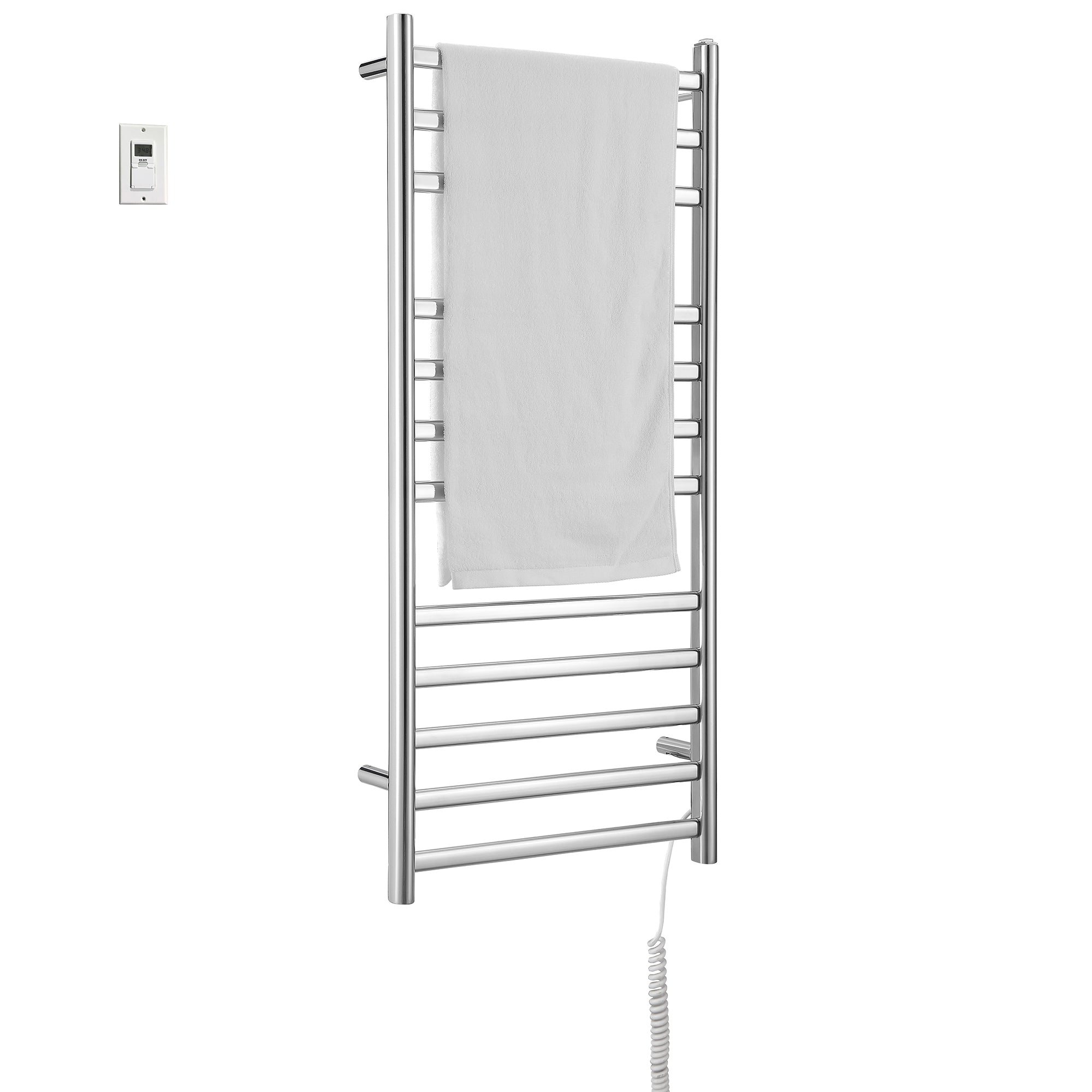 Prima Dual XL 12 Bar Hardwired & Plug-In Electric Towel Warmer - Polished Stainless Steel with Digital Wall Timer | Perfect for Bathrooms, Spas & Luxury Homes