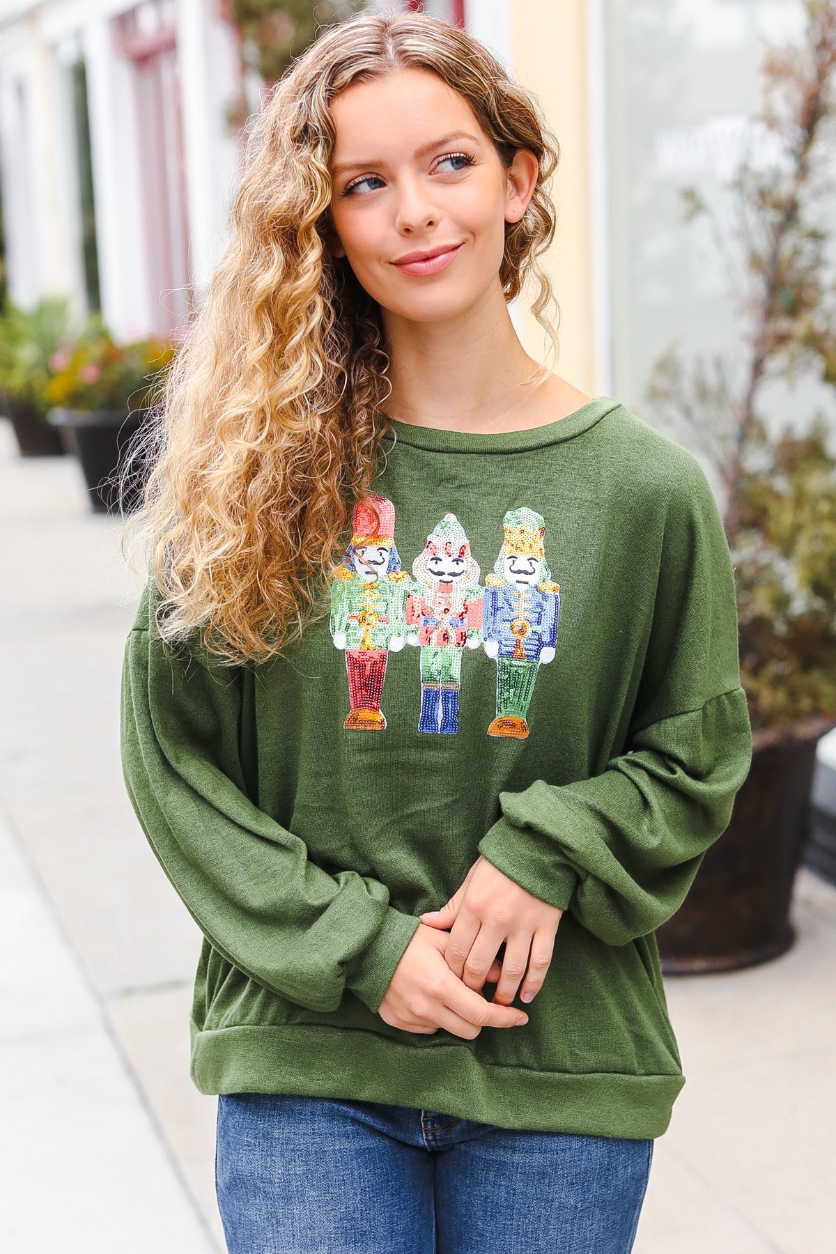 Festive Be Merry Forest Green Nutcracker Sequin Hacci Sweater Top for Christmas Party & Holiday Gatherings