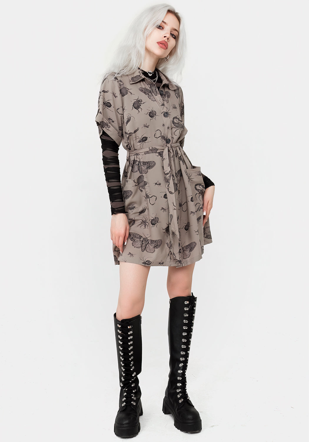 Parasite Bugs Print Mini Short Sleeve Shirt Dress in Taupe - Cute Casual Summer Outfit for Women, Perfect for Beach, Music Festivals & Streetwear Fashion