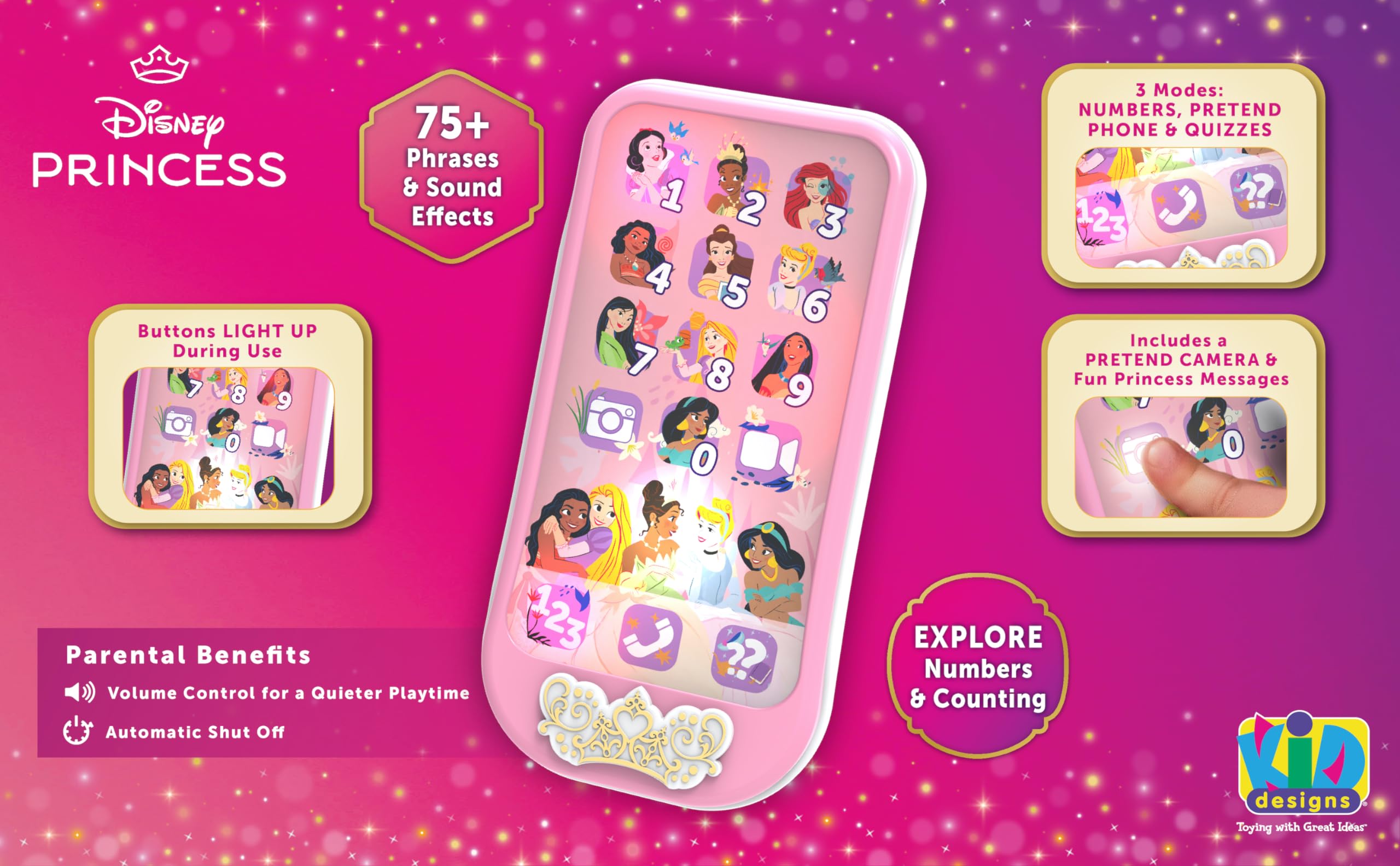 **eKids Disney Princess Toy Phone for Kids - Interactive Learning Toddler Toys with Fun Activities, Perfect Gift for Disney Princess Fans (DP-160) | Pretend Play, Preschool Education & Role-Playing Fun**
