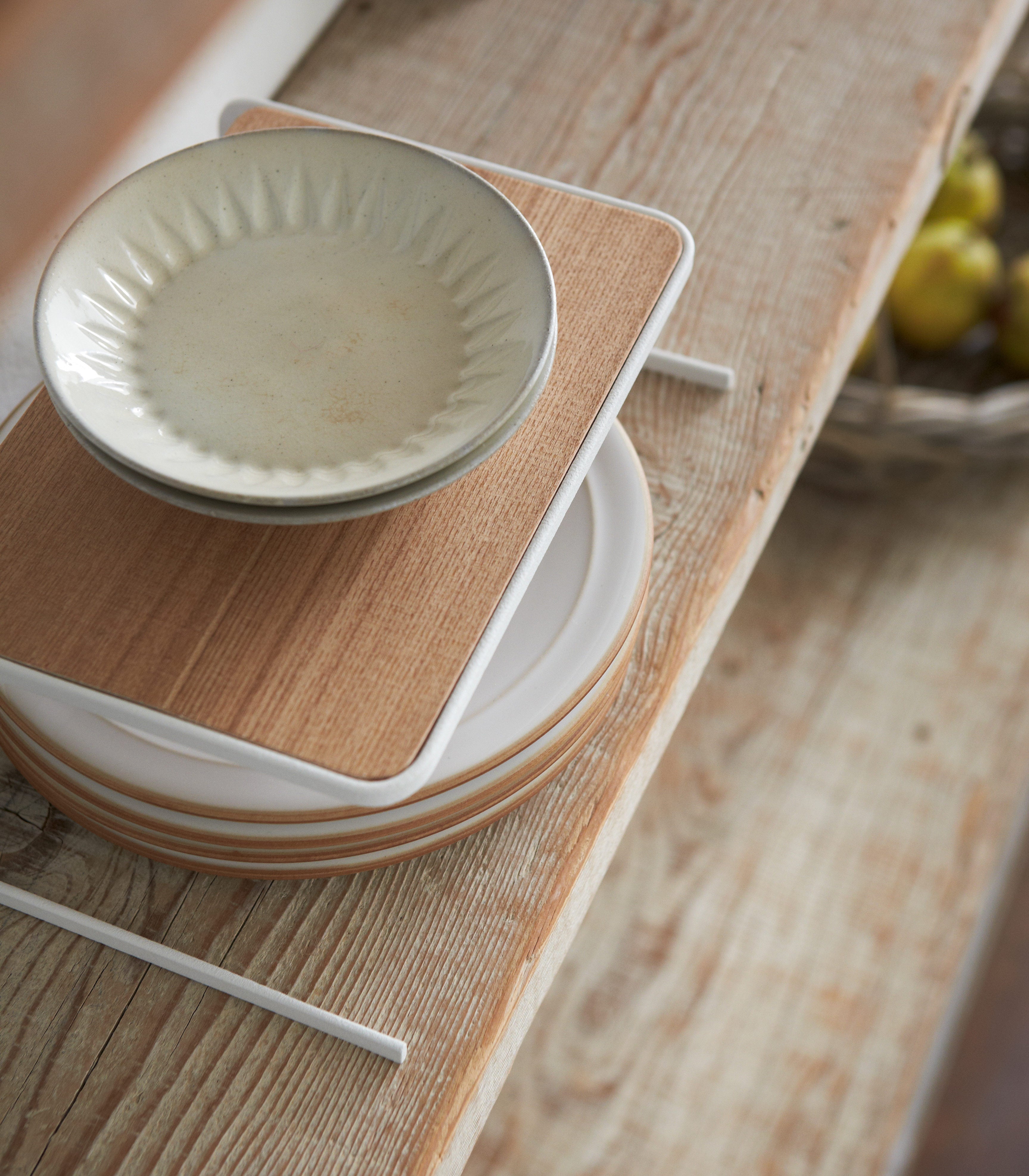 Stainless Steel and Wood Dish Riser Set - 2 Sizes for Kitchen Organization, Counter Space Saving - Perfect for Pantry Shelves, Cabinets, and Small Kitchen Storage