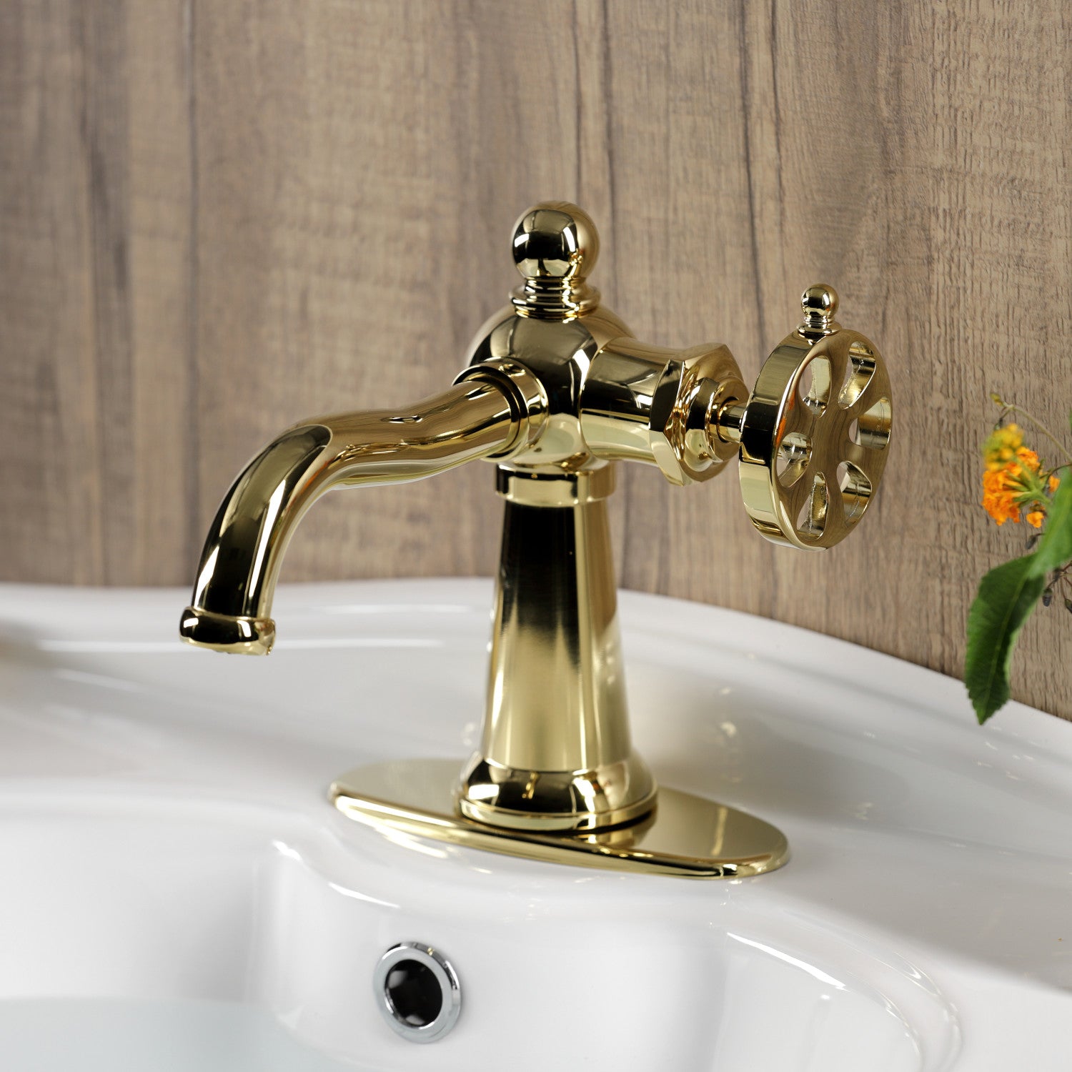 Belknap KSD3542RX Single Handle 1 Hole Bathroom Sink Faucet with Deck Plate & Push Pop-Up Drain - Polished Brass Finish for Vanity, Powder Room & Guest Bath Installation