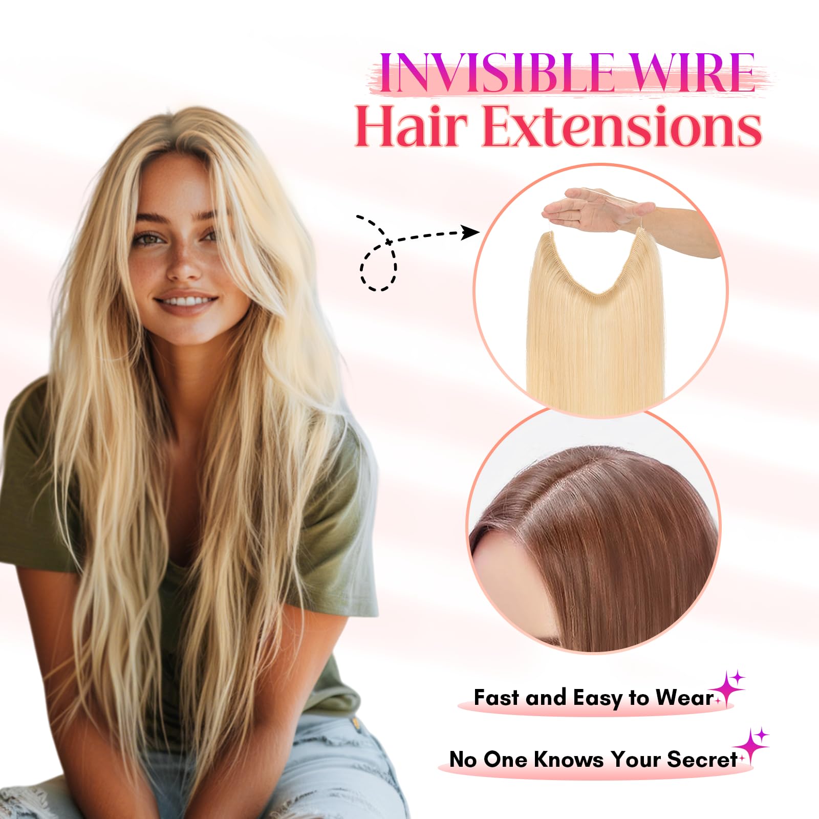 100% Real Human Hair Halo Extensions - 18 Inch #613 Bleach Blonde Remy Hair with Invisible Wire for Women | Seamless, Natural-Looking Hair Extensions for Daily Wear, Special Occasions & Styling
