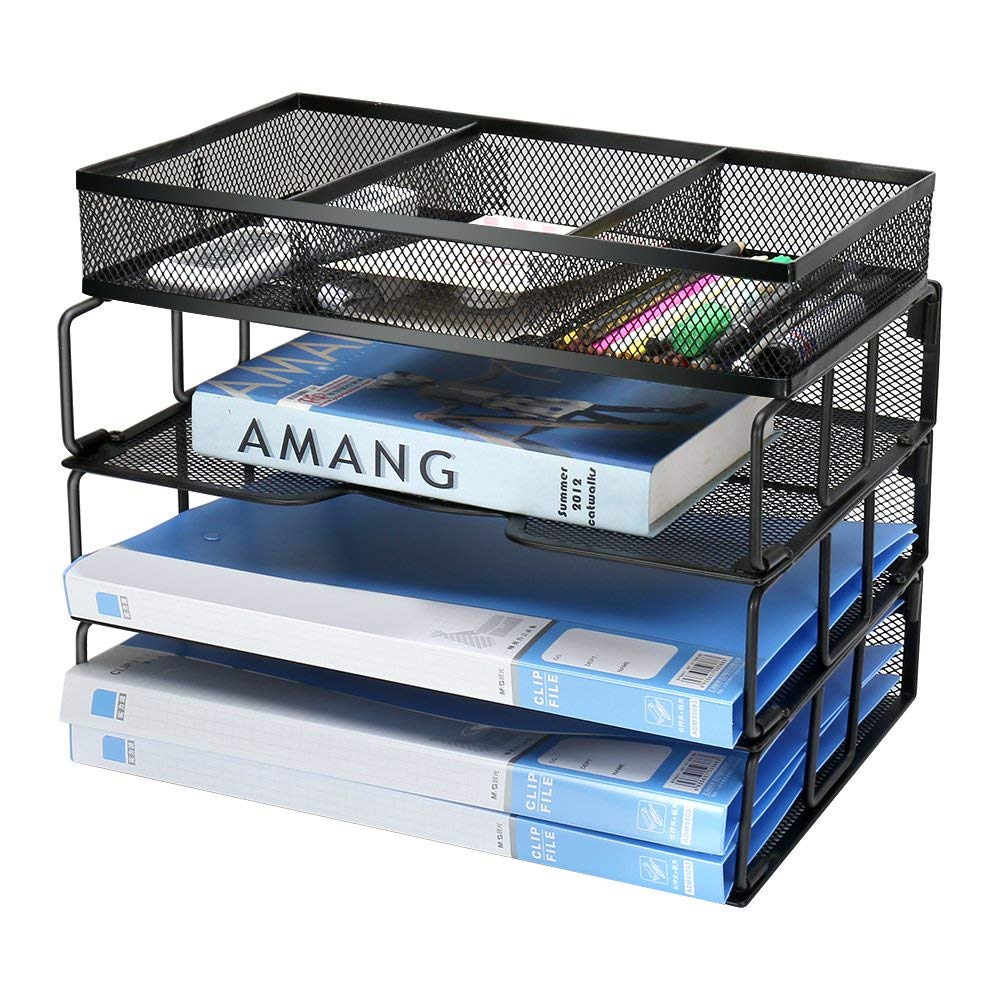 Besource 3-Tier Mesh Desktop File Organizer - Stackable Letter Paper Tray with Compartments for Office, Home & School - Black (Perfect for Organizing Documents, Mail, and Office Supplies)