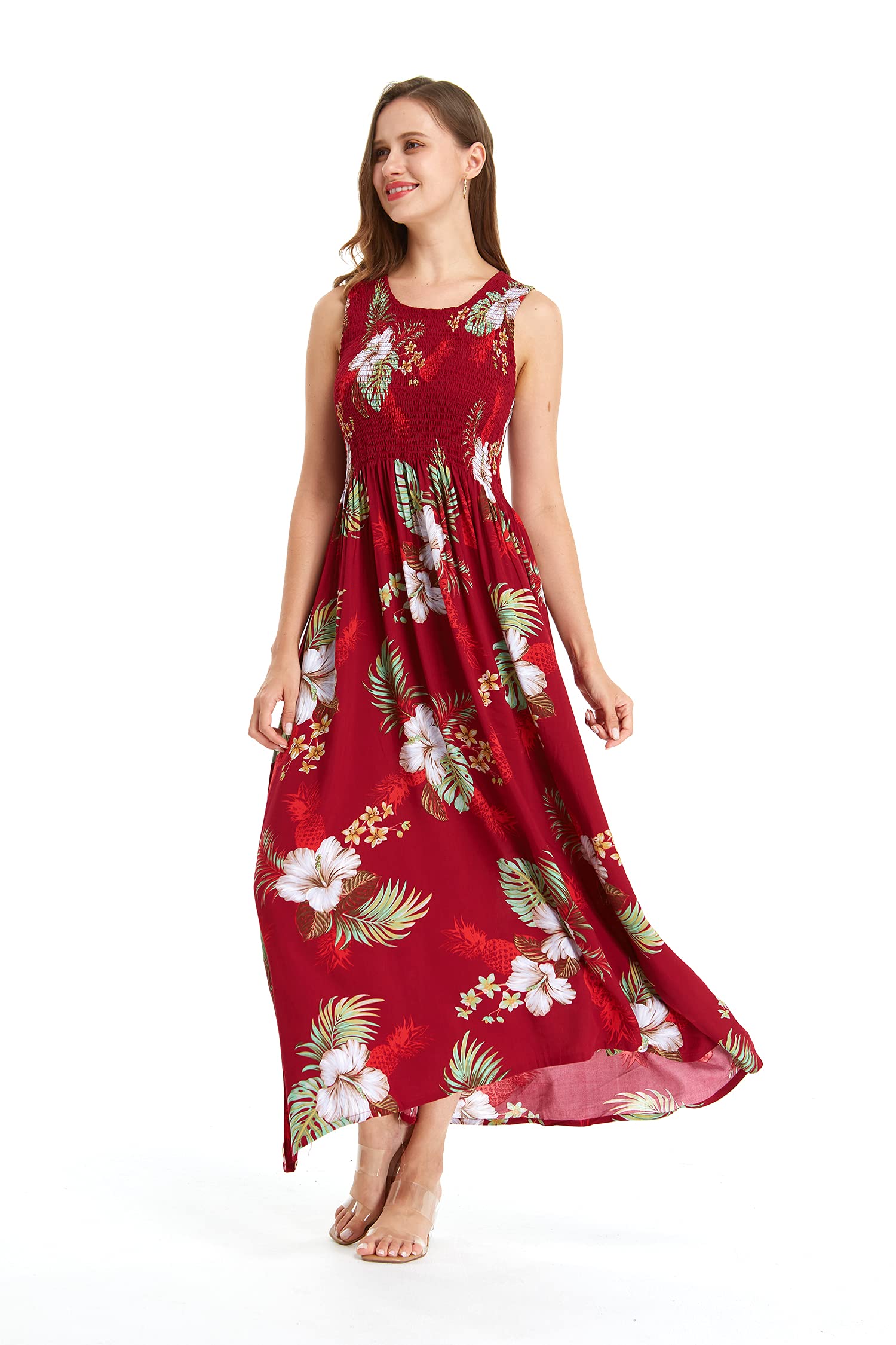 Women's Floral Hawaiian Maxi Tank Dress - Stretchy Elastic Waist Summer Luau Party Beach Dress for Tropical Vacation, Poolside, and Casual Outings