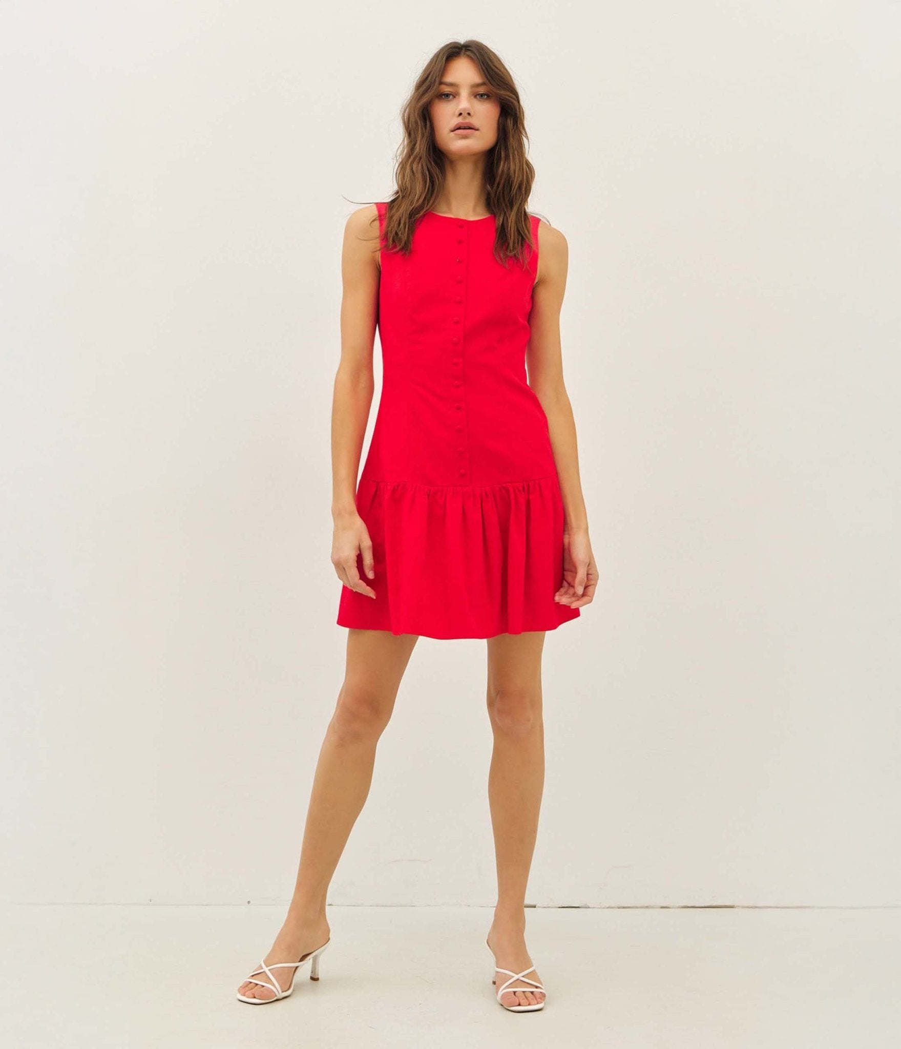 Elegant Red Drop Waist Button Front Mini Dress for Women - Perfect for Cocktail Parties, Date Nights & Summer Outings