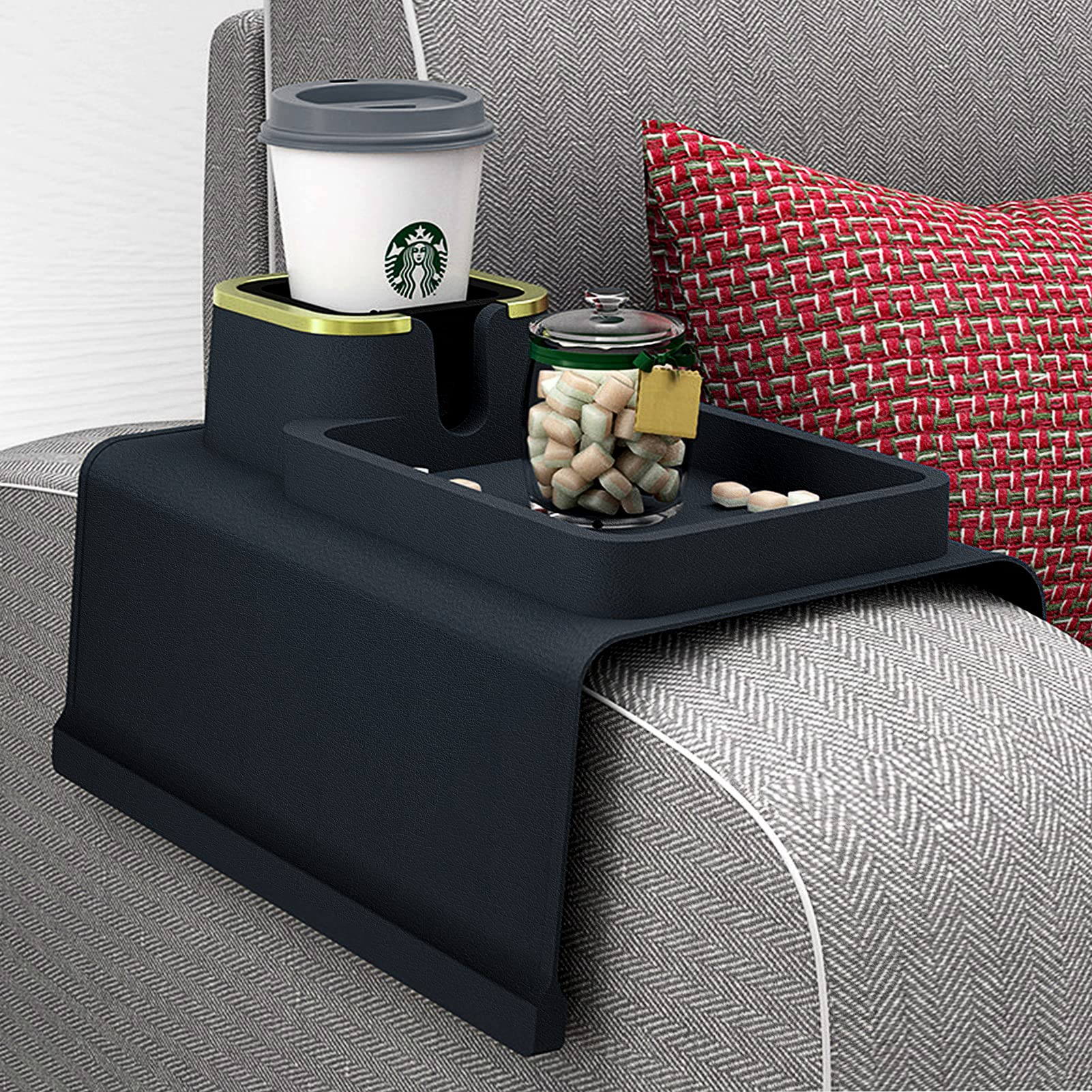 Non-Slip Silicone Armrest Cup Holder Tray - Spill Proof Sofa Couch Tray with Phone & Remote Holder - Perfect for Armchair, Recliner, Bed, Office - Black (Ideal for Watching TV, Gaming & Relaxing)