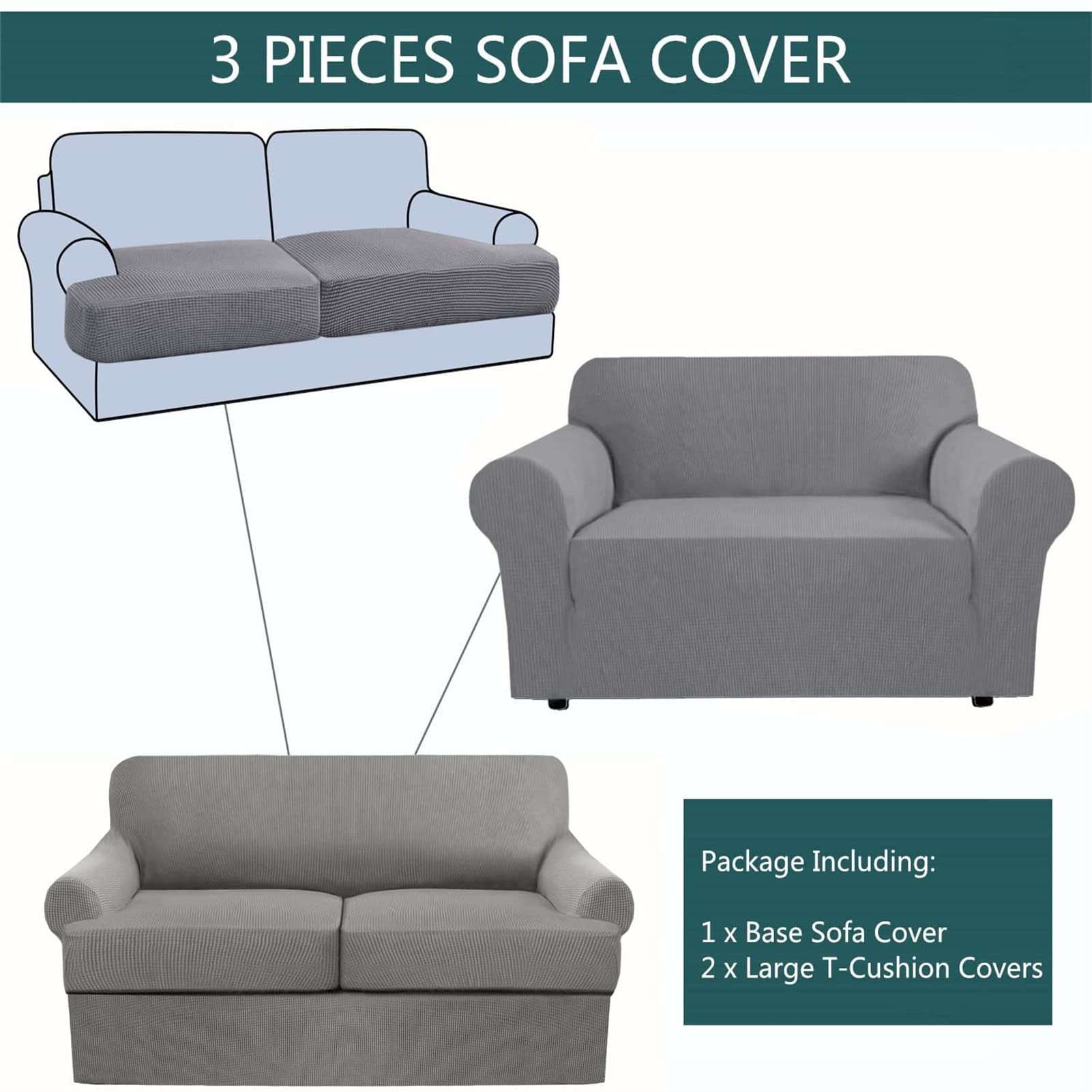 Stretch Jacquard Knitted 3-Piece Sofa Cover Set with 2 Large T-Cushion Covers - 71-96 Inch Couch Protector Slipcover (Grey) - Perfect for Living Room Furniture Protection & Home Decor