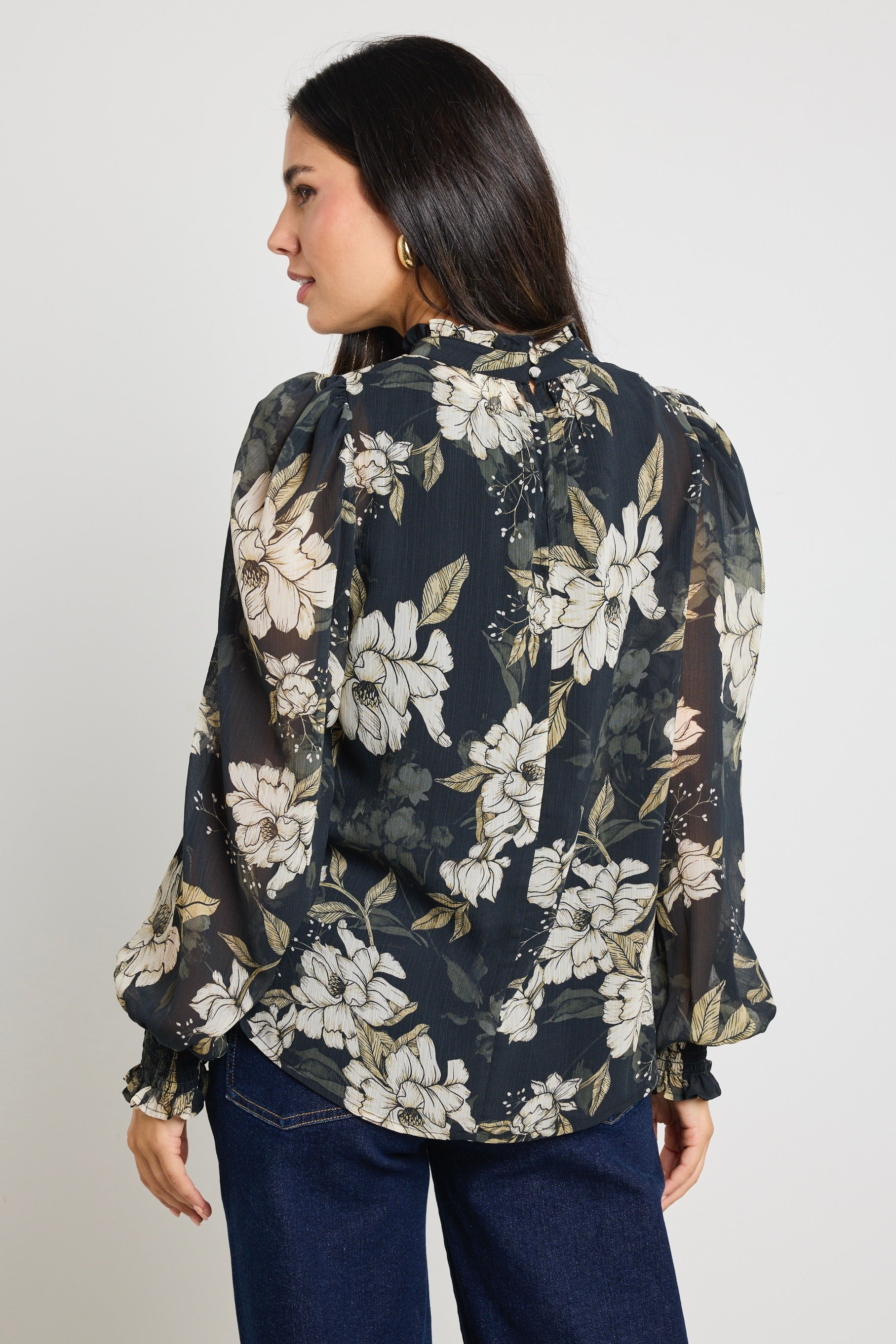 Elegant Poet Black Floral Print Long Sleeve High Neck Blouse - Perfect for Office Wear, Date Nights & Special Occasions
