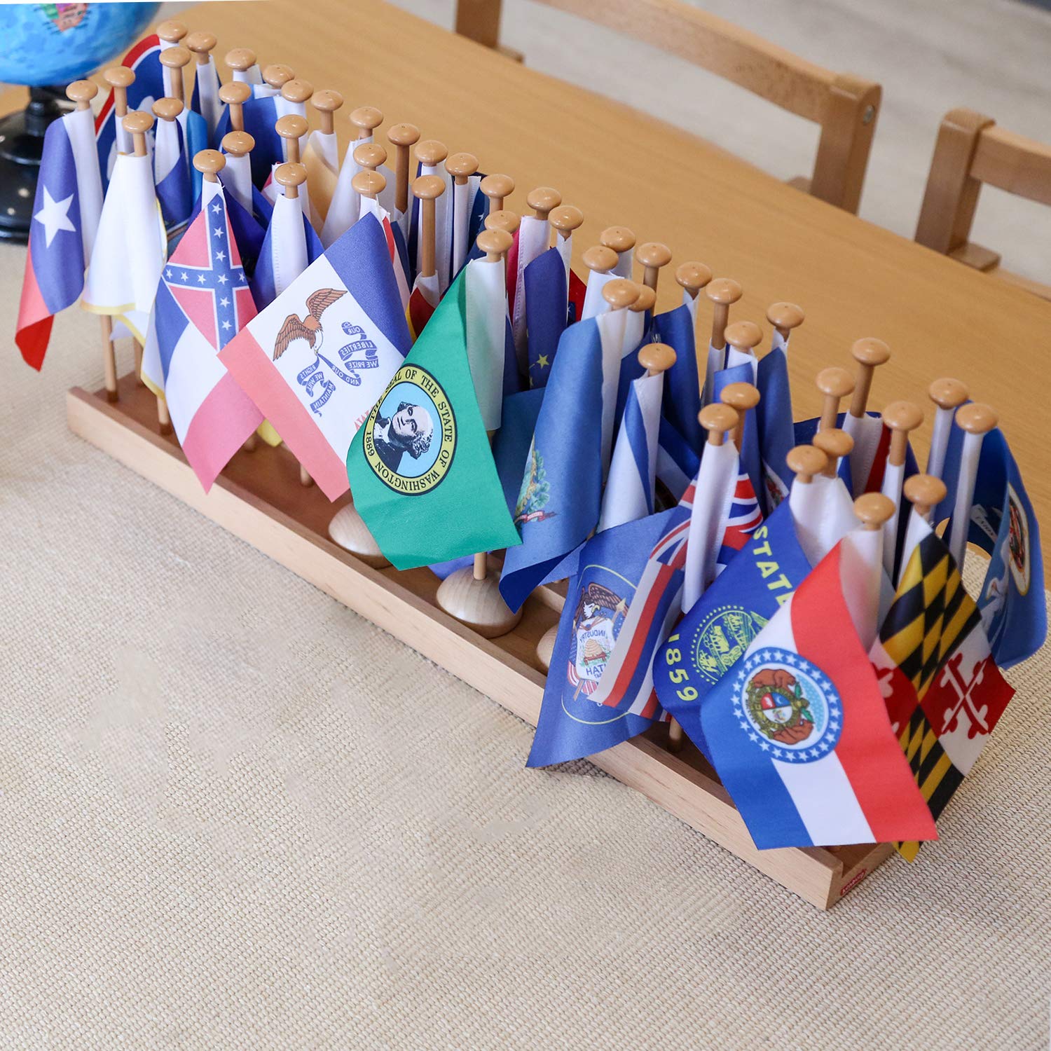 50 USA State Wooden Desk Flags on Stand - American Geography Educational Toys for Preschool, Homeschool & Kids - Perfect for Classroom Learning & Home Decor