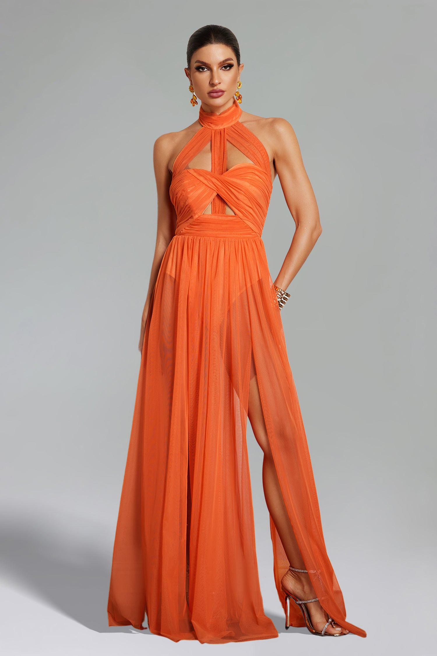 Elegant Rivka Halterneck Twist Mesh Maxi Dress for Women - Summer Beach Party, Evening Cocktail & Wedding Guest Outfit