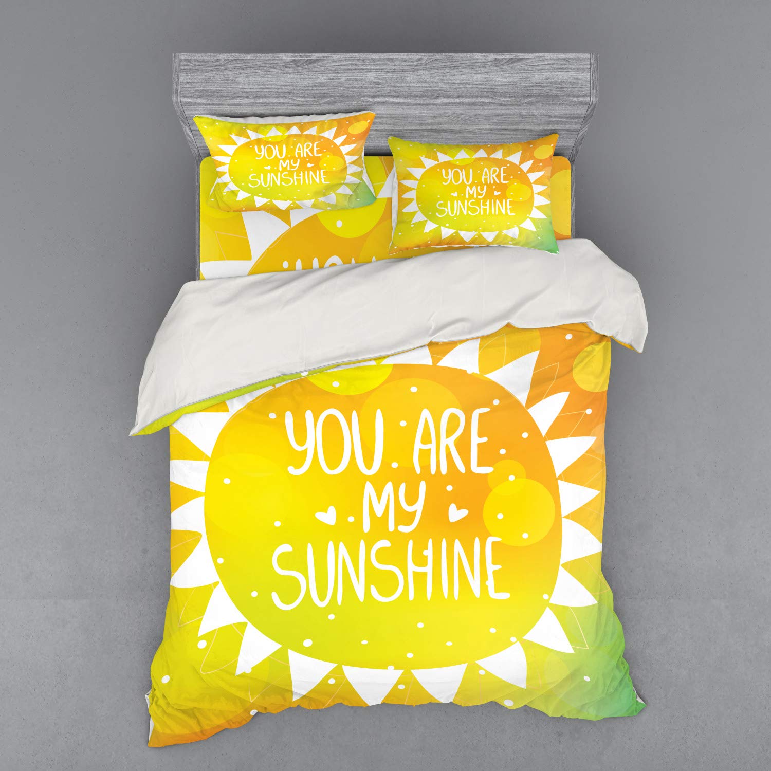 Ambesonne Sunshine Phrase Bedding Set - 4 Piece Duvet Cover with Shams & Fitted Sheet, Queen Size Yellow Geometric Triangle Dot Design for Romantic Bedroom Decor | Perfect for Couples' Master Bedroom or Guest Room