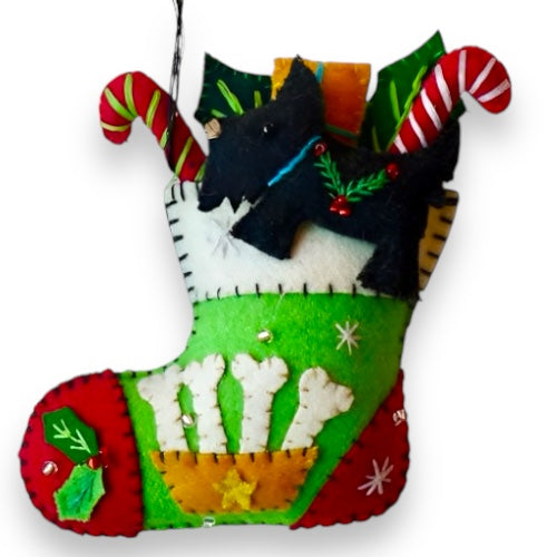 5 Green Christmas Stockings with Black Dog Felted Wool Ornaments - Perfect for Holiday Decor, Fireplace Mantel, and Festive Gift Giving