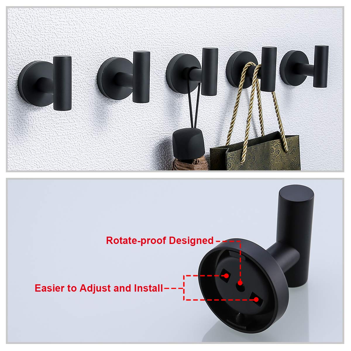 2 Pack Matte Black Towel Hooks - Stainless Steel Wall Hooks for Bathroom & Kitchen