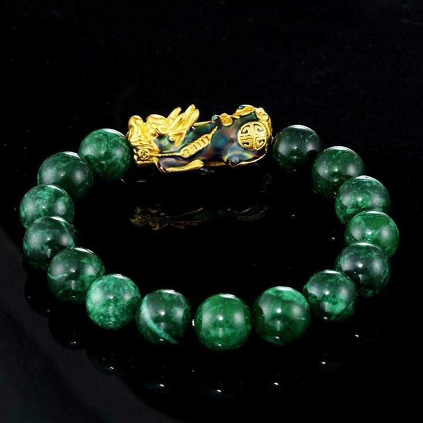 Feng Shui Bracelet for Wealth & Luck - Green Stone Beads Unisex Pixiu Bracelet with Gold Charm for Men & Women (Black/Green) - Perfect for Meditation, Gifts & Positive Energy