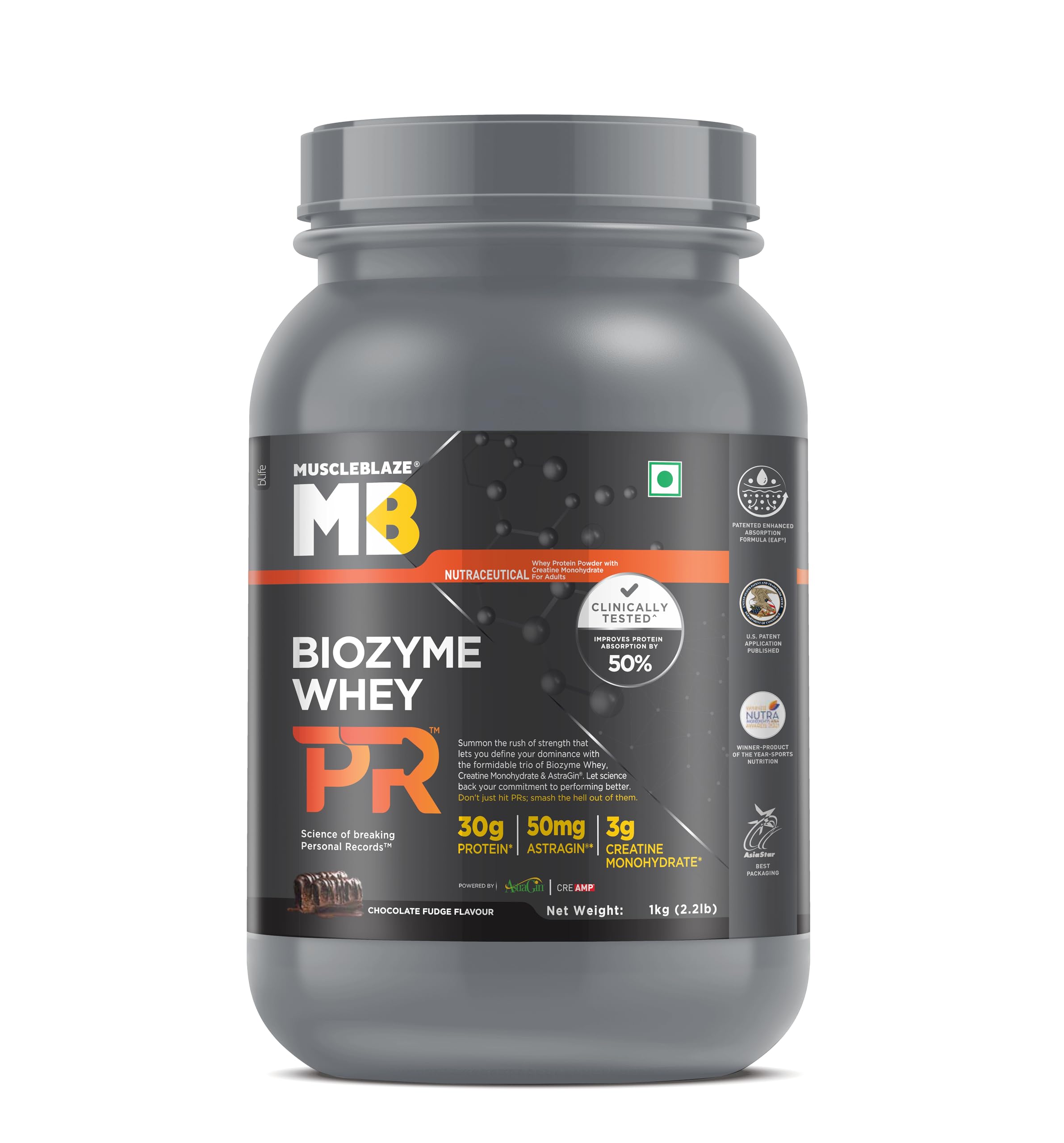 MuscleBlaze Biozyme Whey Protein Powder - 30g Protein, 3g Creatine Monohydrate & 50mg AstraGin - Chocolate Fudge Flavor (1kg / 2.2lbs) | Gold Certified for Muscle Recovery & Growth - Perfect for Post-Workout & Fitness Enthusiasts