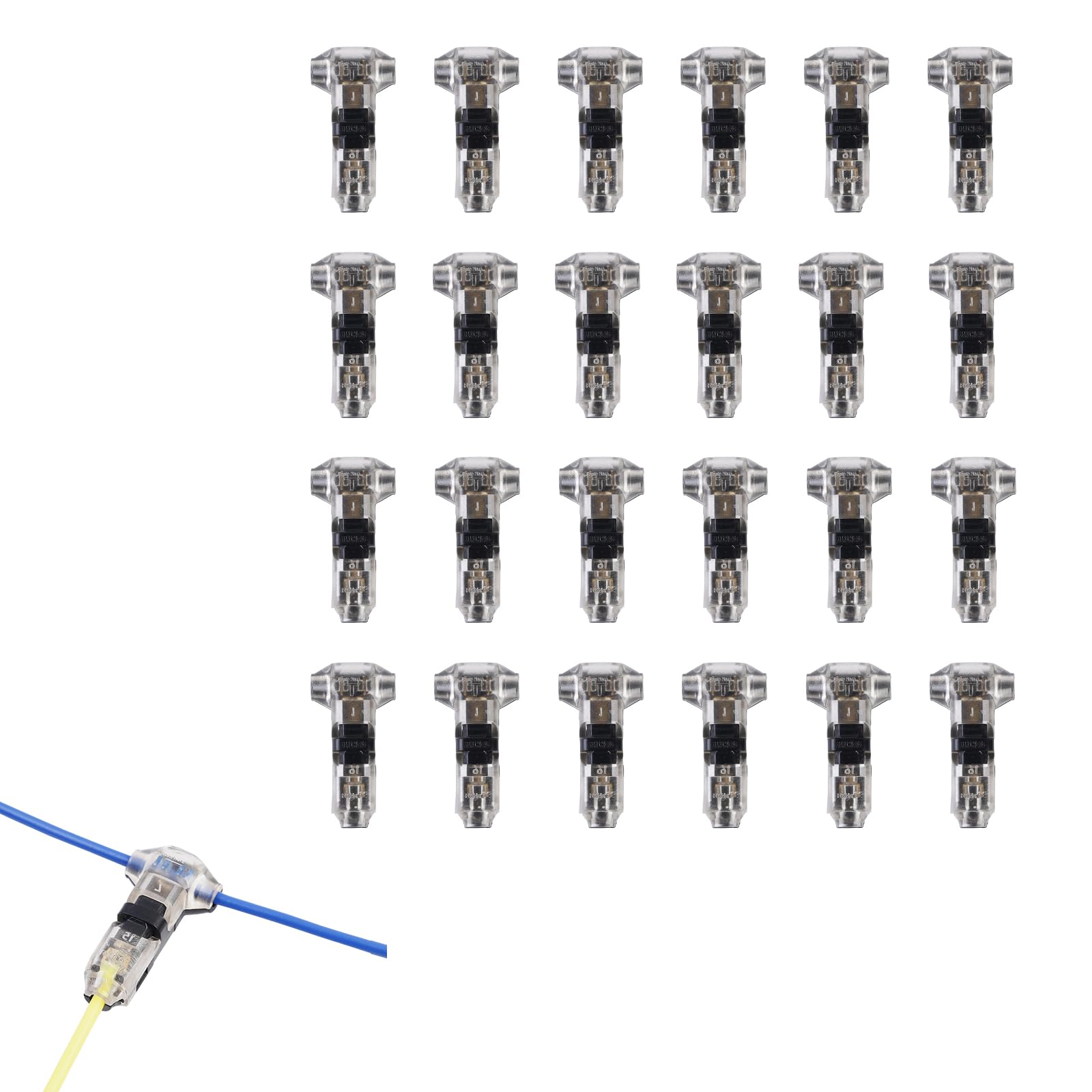 Brightfour Low Voltage Wire Connectors - 24 Pack, T Tap Solderless 3-Way 1-Pin Connectors for 16-20 AWG Wires, No Stripping Required - Perfect for Automotive, Home Electrical, and DIY Projects