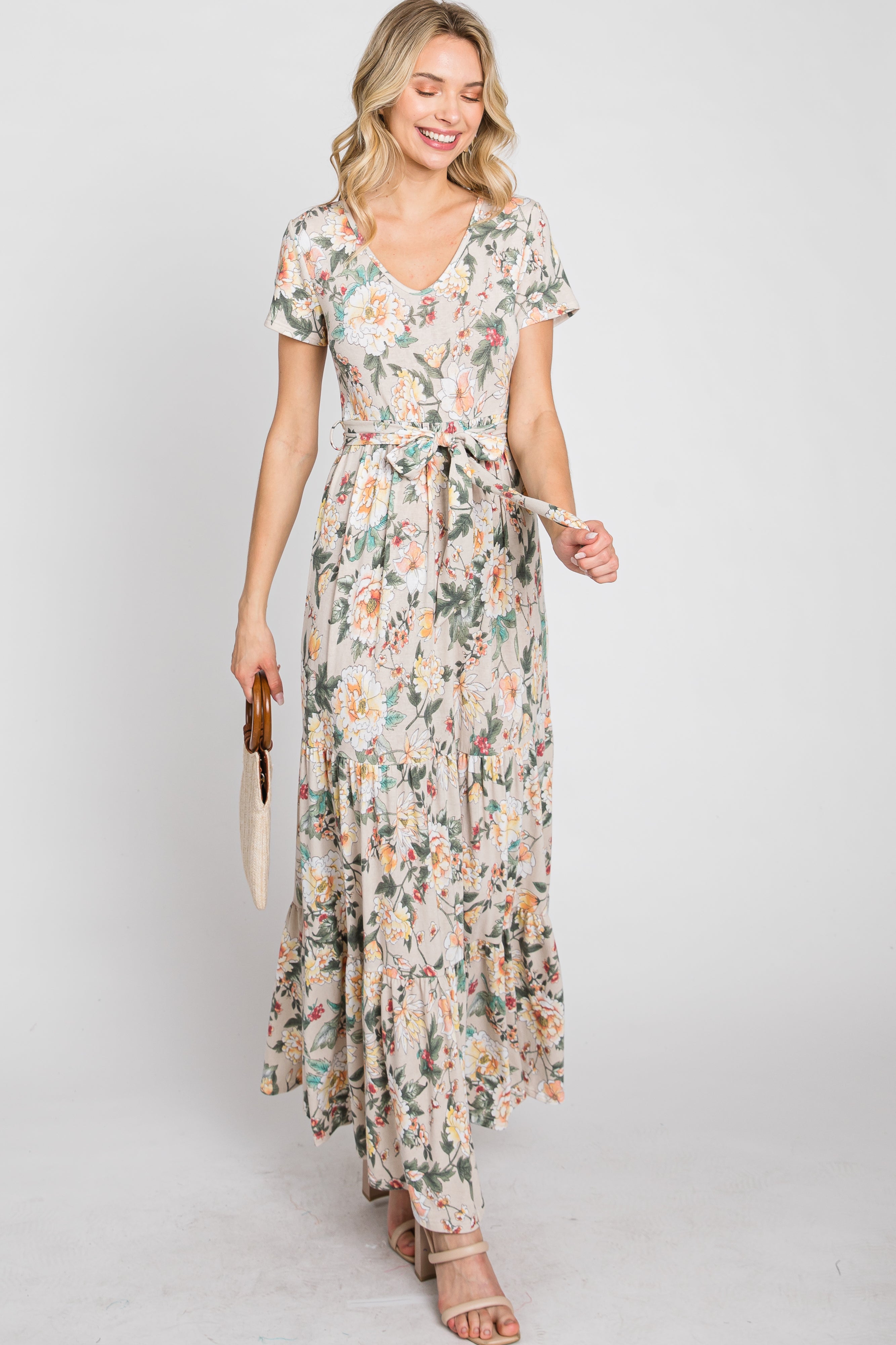 Beige Floral Tiered Maxi Dress for Women - Boho Summer Beach Dress with Pockets, Elegant Long Flowy Dress for Vacations, Weddings & Outdoor Events