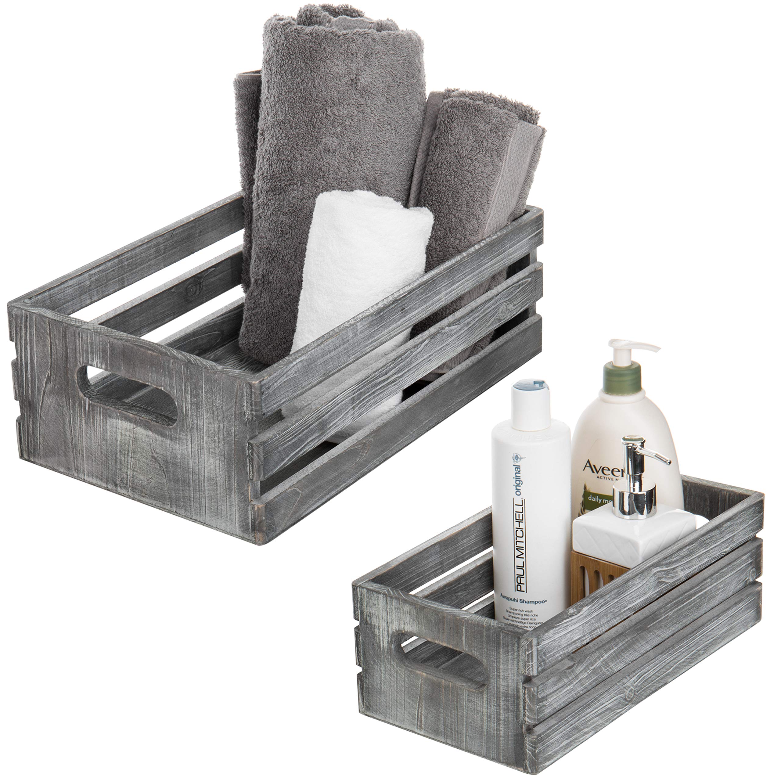 Rustic Dark Gray Wood Decorative Storage Boxes with Cutout Handles - Set of 2 Country Style Nesting Crates, Open Top Pallet Design Bins for Home Office, Farmhouse Decor, and Gift Wrapping