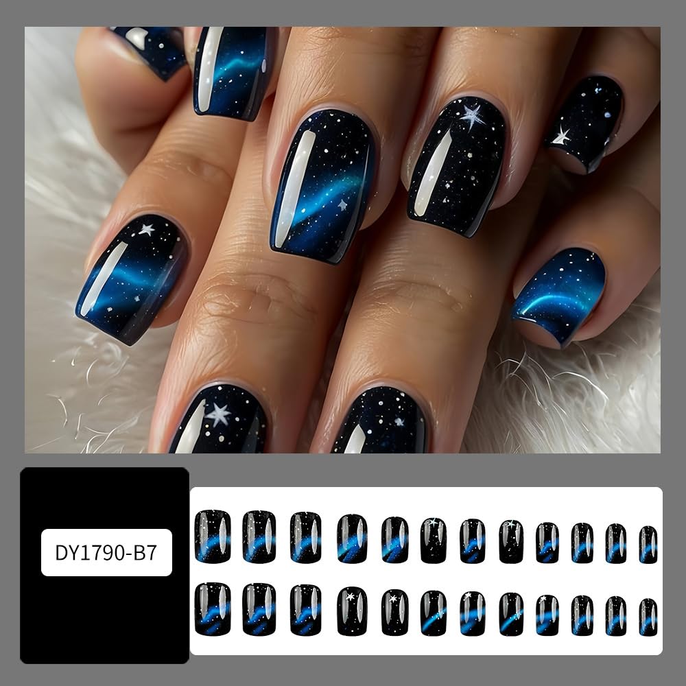 Black Short Square Press on Nails - Blue Ombre Starry Sky Design Acrylic Fake Nails with Glossy Finish | 24PCS Full Cover Glue on Nails for Women & Girls | Perfect for Parties, Weddings, and Daily Wear