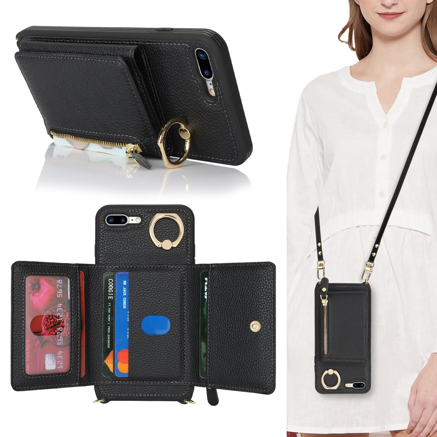 iPhone 8 Plus Case with Card Holder & Lanyard - Leather Wallet Case for Women | Perfect for Travel & Daily Use