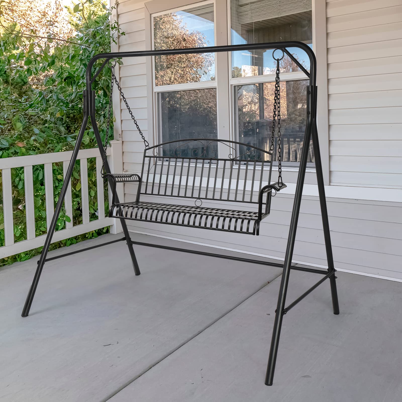 Outdoor Metal Patio Swing Bench with A-Frame Stand - Heavy Duty 550LB Capacity Powder Coated Steel Swing Seat & Frame - Perfect for Backyard, Garden, Porch or Deck Relaxation (Matte Black)