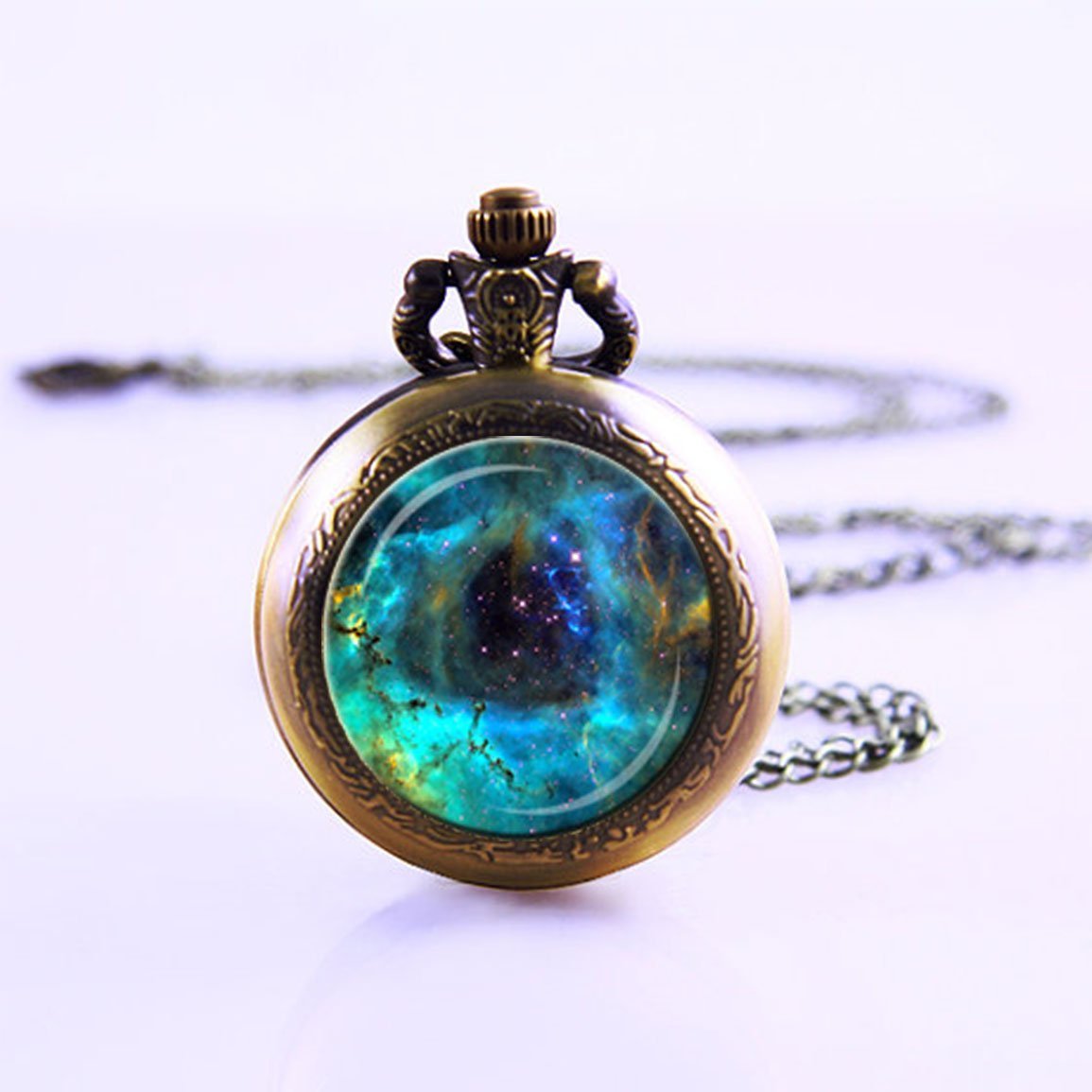 Galaxy Glass Pendant Pocket Watch - Solar System Necklace Jewelry for Men & Women | Perfect for Astronomy Lovers, Steampunk Fashion & Unique Gift Giving