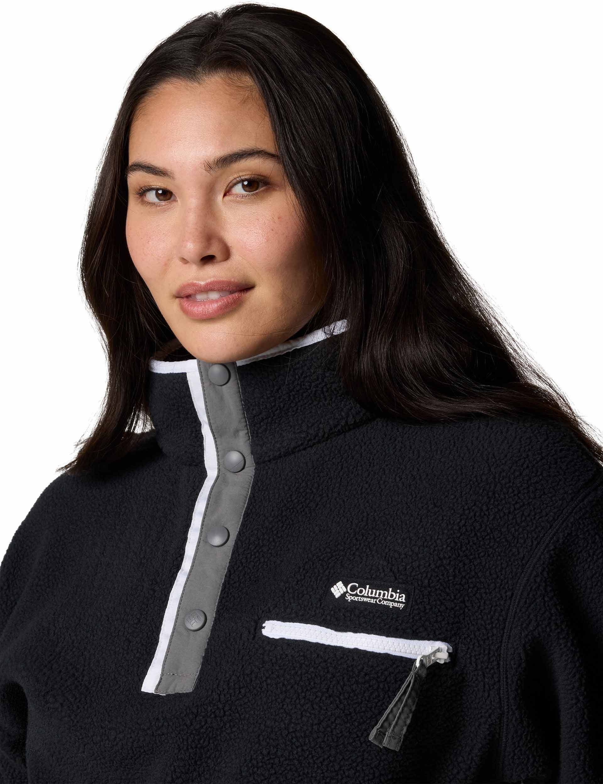 Helvetia II Cropped Sherpa Half Snap Fleece Jacket for Women - Cozy Winter Outerwear - Perfect for Casual Outings, Hiking & Outdoor Adventures (Black)