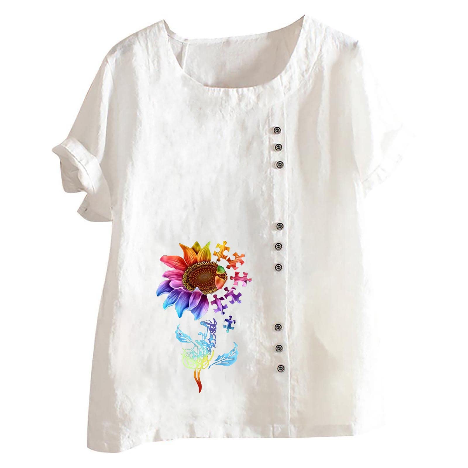Women's Fashion Cotton Linen Blouse - Short Sleeve Printed Loose Tops & Classic Shirts for Casual Wear, Office & Summer Outfits
