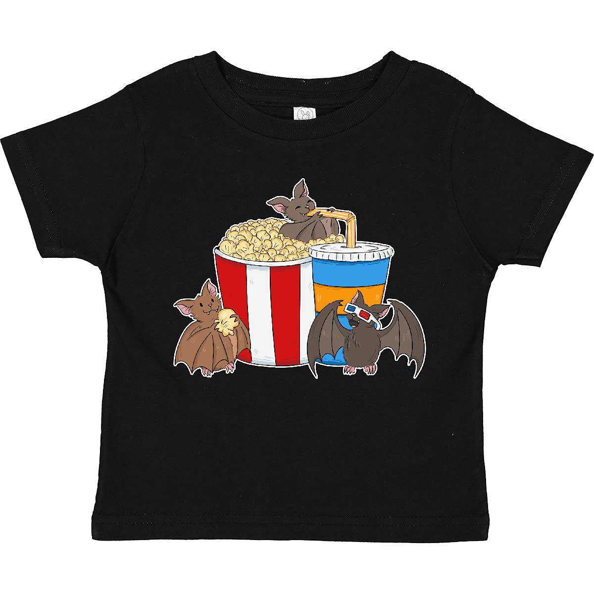 Movie Loving Bats with Popcorn and Soda Toddler T-Shirt - Cute Bat Design Kids Tee for Movie Nights & Halloween - Soft Cotton Toddler Apparel for Boys & Girls