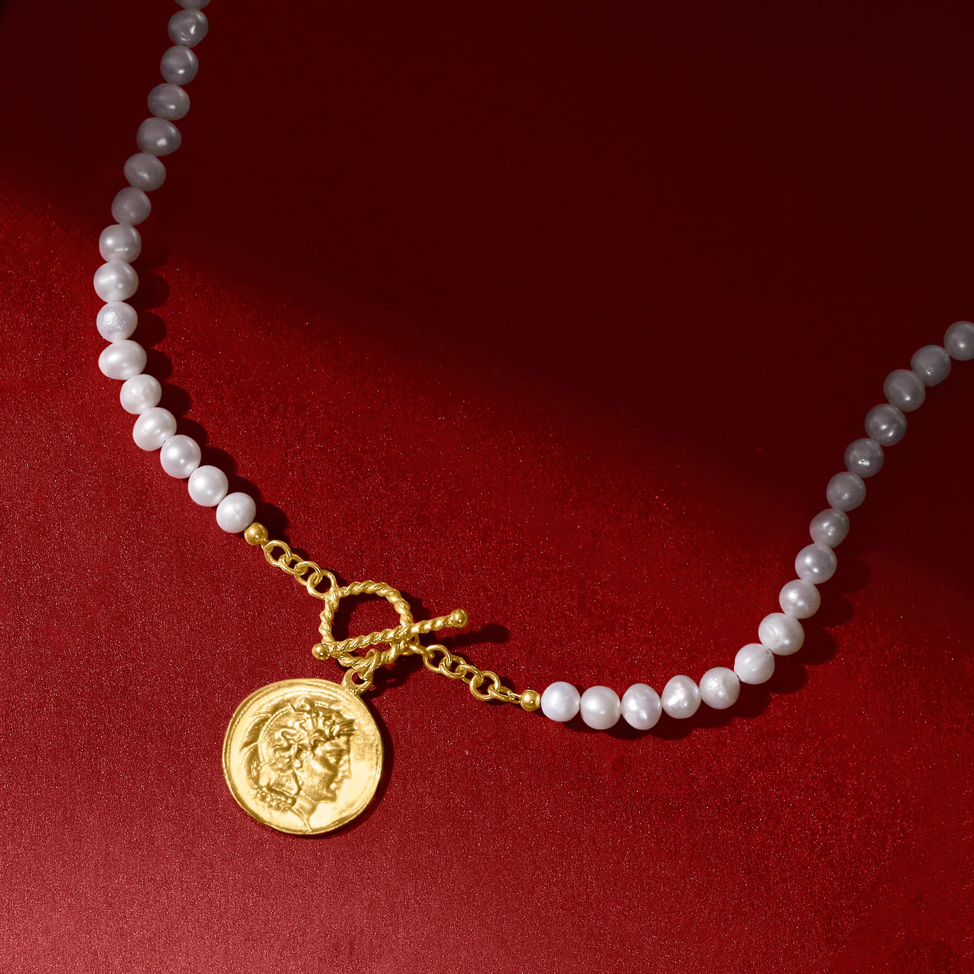 Ross-Simons 5.5-6mm Cultured Pearl & Roman Coin Charm Necklace - 18kt Gold Over Sterling Silver, 18 Inch Chain - Perfect for Weddings, Anniversaries & Special Occasions