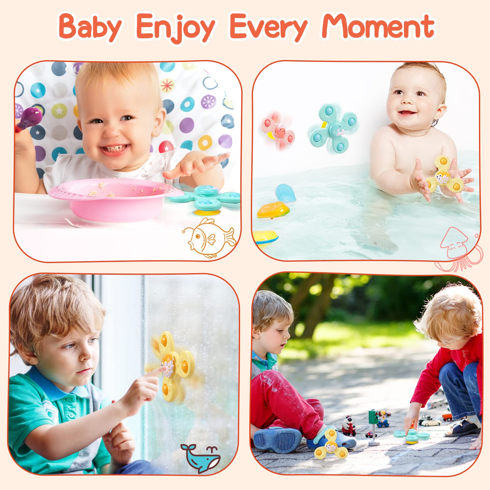 3-Pack Suction Cup Spinner Sensory Toys for Babies & Toddlers - Fun Bath, Window & Travel Toys for Boys & Girls - Perfect Airplane, Car & Table Activities - Great Birthday Gifts for Infants (Promotes Fine Motor Skills & Sensory Development)