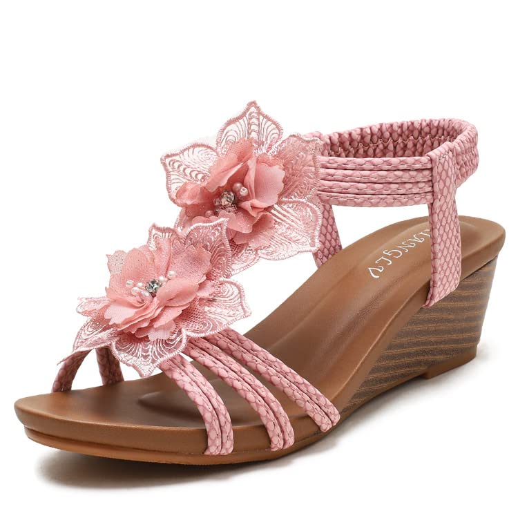 Women's Roman Hollow Out Flower Wedge Sandals - Fashionable Comfortable Elastic Slingback Summer Sandals for Beach, Vacation and Casual Outings