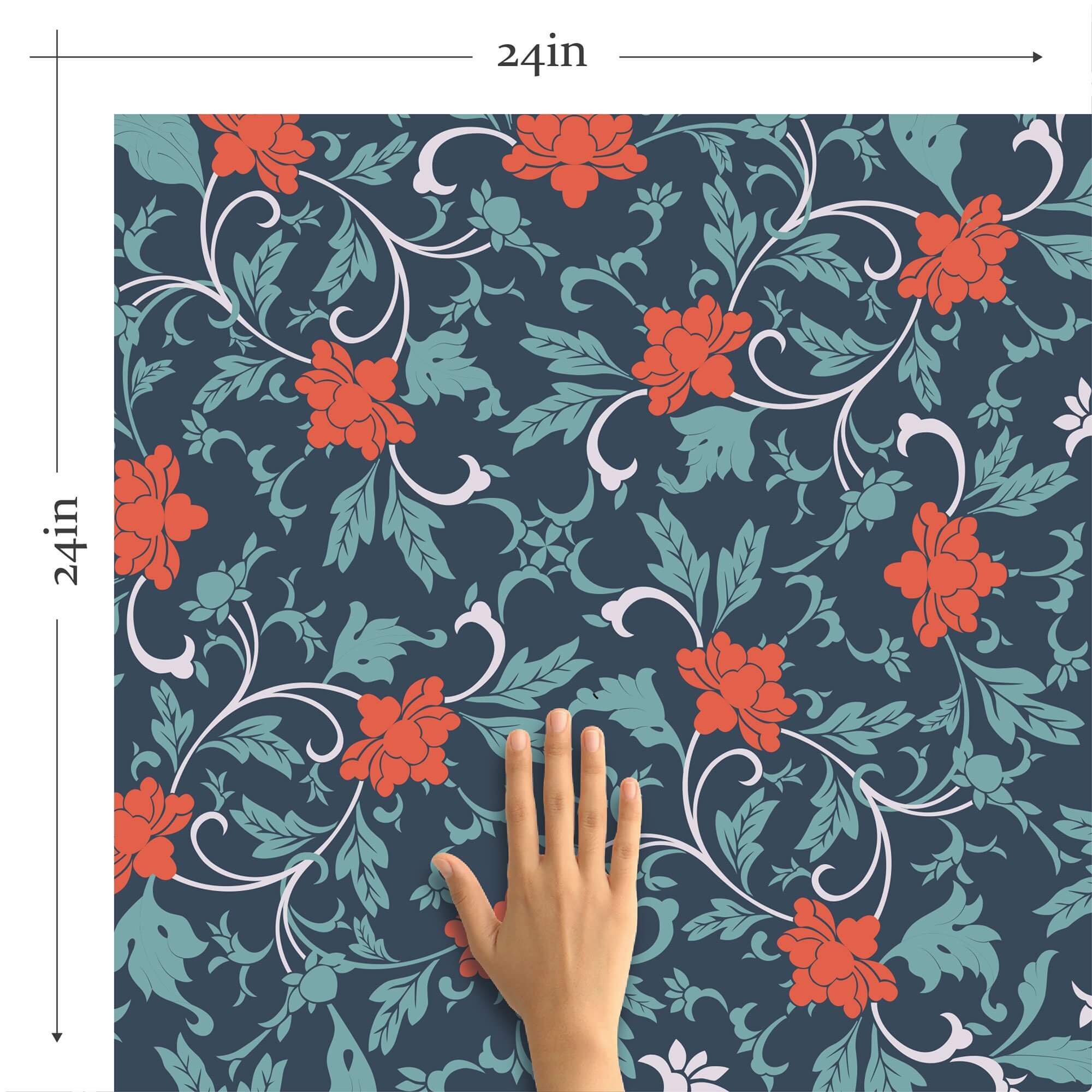 Dark Blue Baroque Floral Peel and Stick Removable Wallpaper - Self-Adhesive Decorative Wall Covering for Bedroom, Living Room, Office & Home Decor