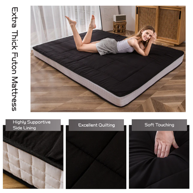 MAXYOYO Padded Japanese Floor Mattress - Black Foldable Roll Up Futon for Bedroom, Guest Room & Travel | Comfortable Floor Sleeping Mat for Adults & Kids
