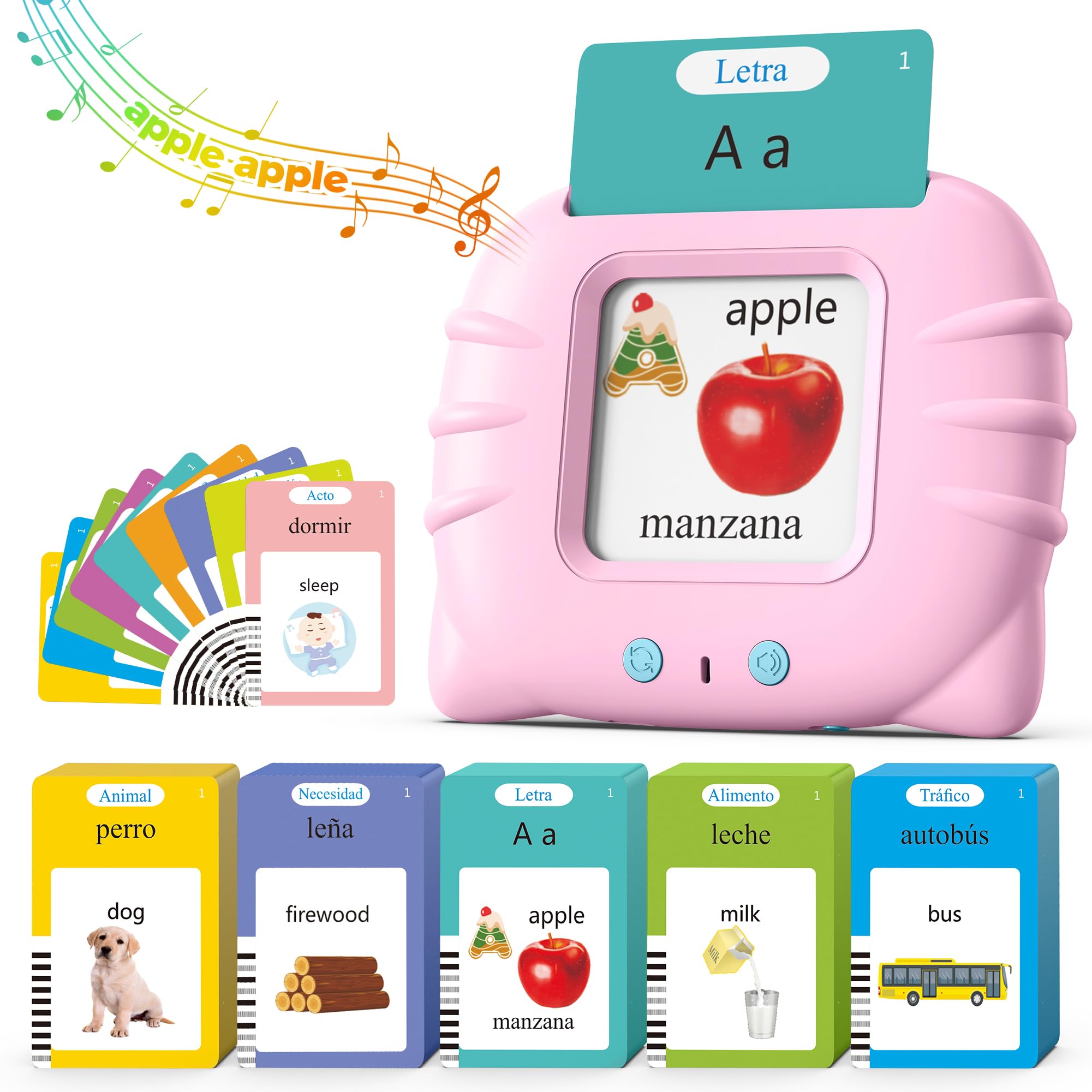 Spanish & English Bilingual Talking Flash Cards - 512 Words Pocket Speech Therapy Toys for Kids, Montessori Language Learning & Autism Sensory Toys, Perfect for Speech Development & Birthday Gifts (Pink) - Ideal for Home Learning, Classroom Activities & Travel Entertainment