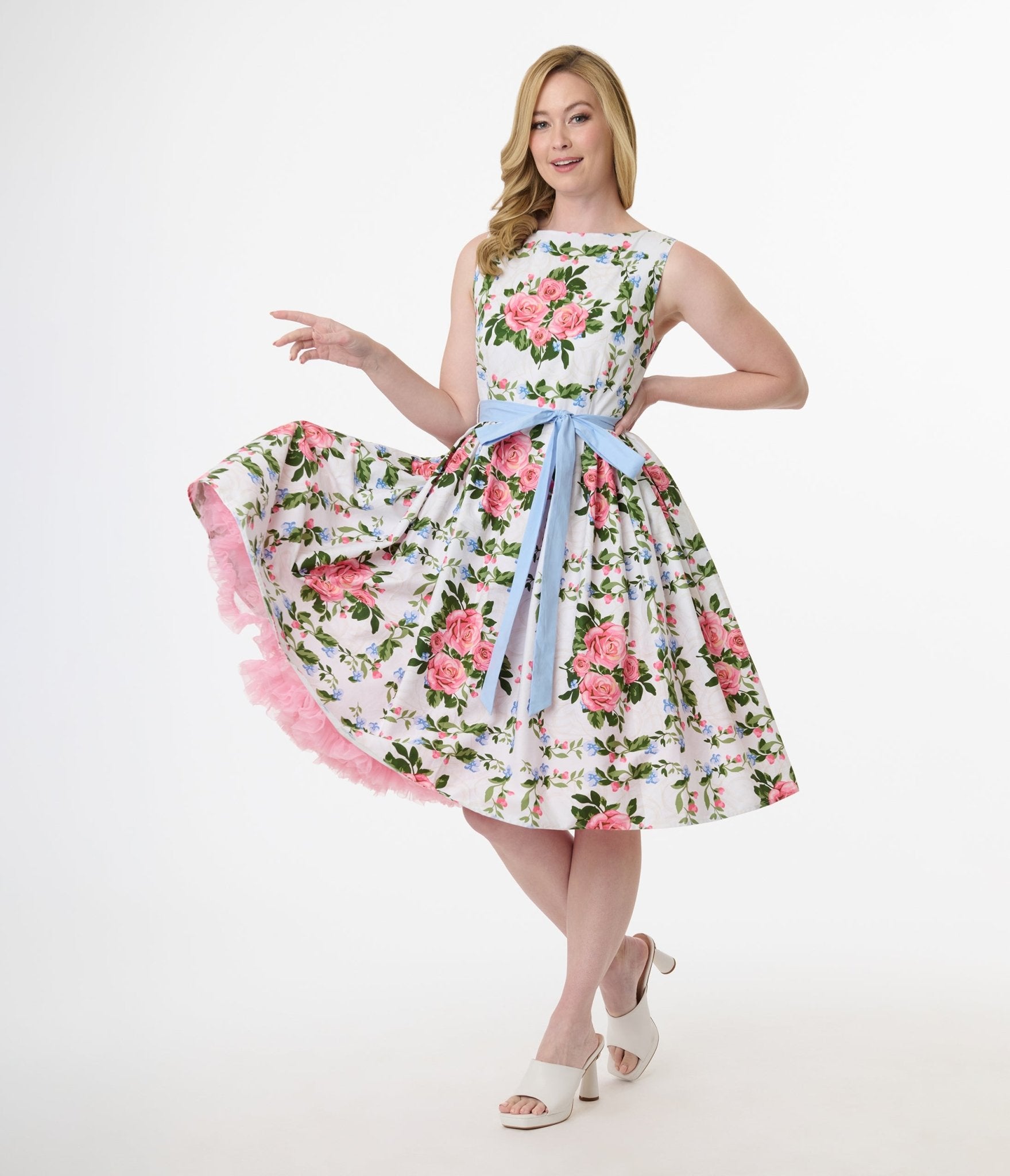 Vintage 1950s White & Pink Rose Floral Swing Dress - Sleeveless Cotton Summer Dress for Women | Retro Cocktail Party, Wedding Guest, Tea Dress, Pinup Style Outfit