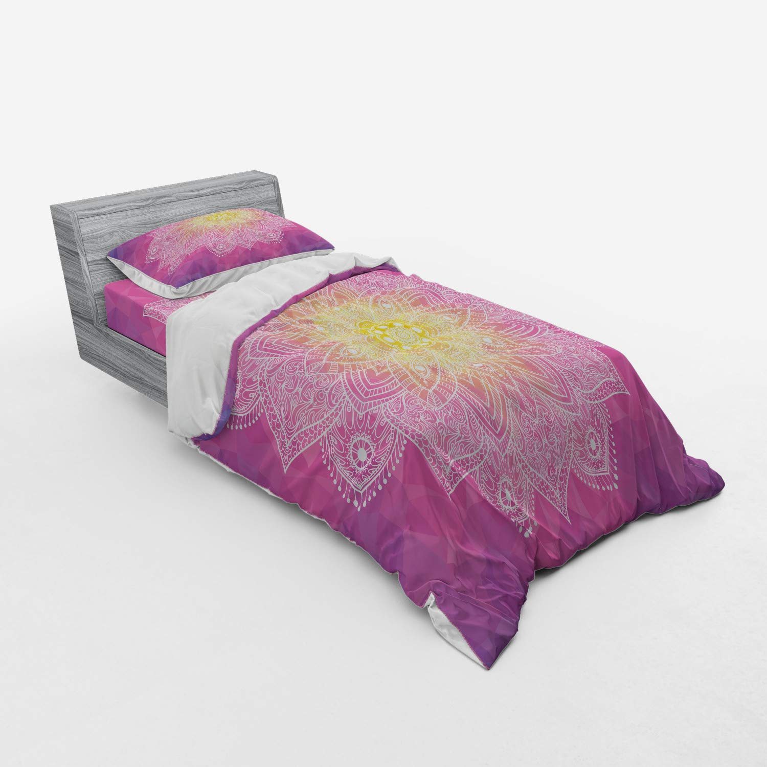 Ambesonne Mandala Bedding Set - 3 Piece Duvet Cover with Sham & Fitted Sheet, Twin Size, Fuchsia Yellow - Psychedelic Digital Mandala Design for Bohemian Bedroom Decor | Perfect for Guest Rooms, Dorms & Meditation Spaces