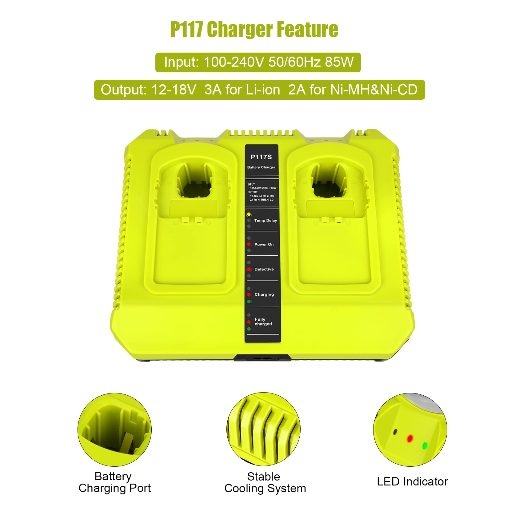 18V Fast Charger for Ryobi One+ 18V Batteries - P117 Dual Slot Charger Compatible with P102 P108 P100 P103 P105 P107 P189 P197 P190 PBP005 - Ideal for Power Tools, Drills, and Outdoor Equipment