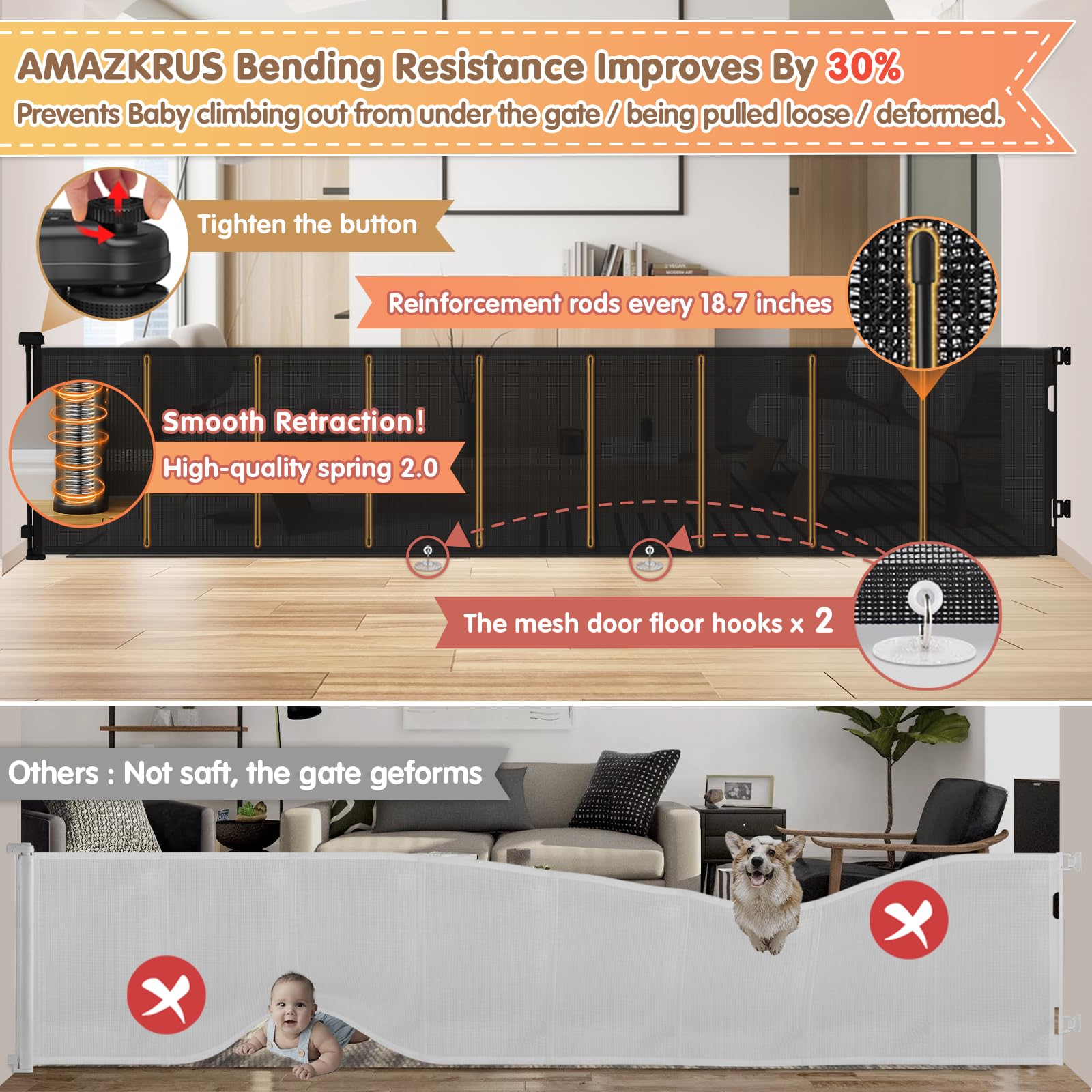 AMAZKRUS Retractable Baby & Pet Gate - Extra Wide 150'', Tall 35'' - Safety Gate for Doorways, Stairs, Hallways - Indoor/Outdoor Use for Babies, Dogs & Pets - Perfect for Home Safety & Childproofing