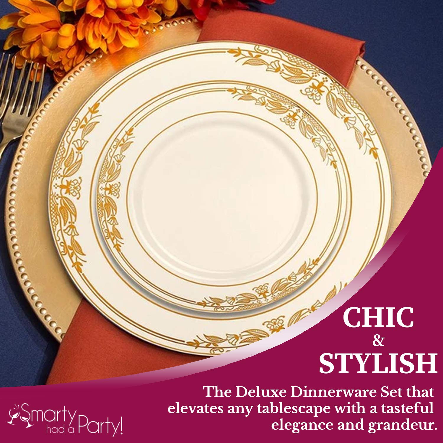 Elegant Disposable Plastic Dinnerware Set - Heavy Duty Fancy Design Plates for Wedding, Birthday Party & Special Events | Ivory Gold 10.25