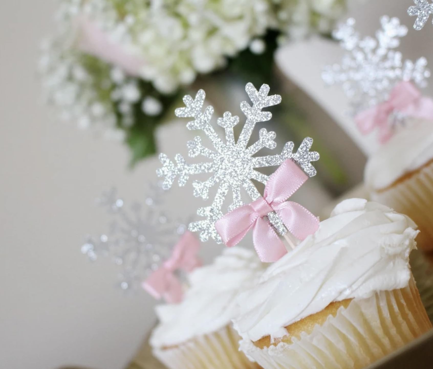 Snowflake Cupcake Toppers with Satin Ribbon Bow – Frozen Winter Wonderland Christmas Decorations for Cupcakes, Donuts & Cakes – Set of 12 (Blue) – Perfect for Holiday Parties, Birthday Celebrations & Winter Wedding Desserts