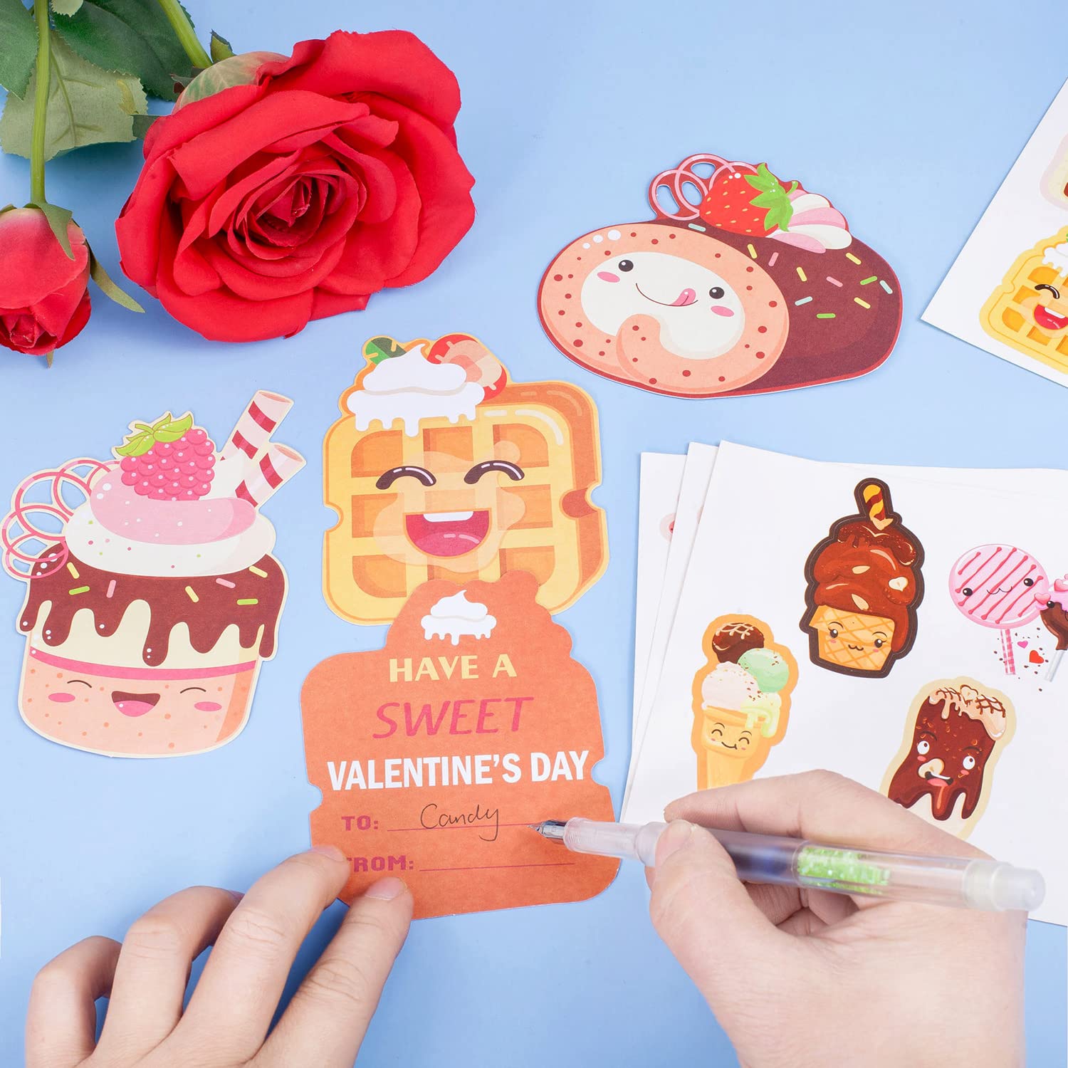 96-Pack Kids Valentine's Day Cards Set - 32 Dessert-Themed Cards, 32 Pink Envelopes & 32 Stickers for School Classroom Exchange Gifts | Perfect for Valentine's Day Parties & Classroom Activities