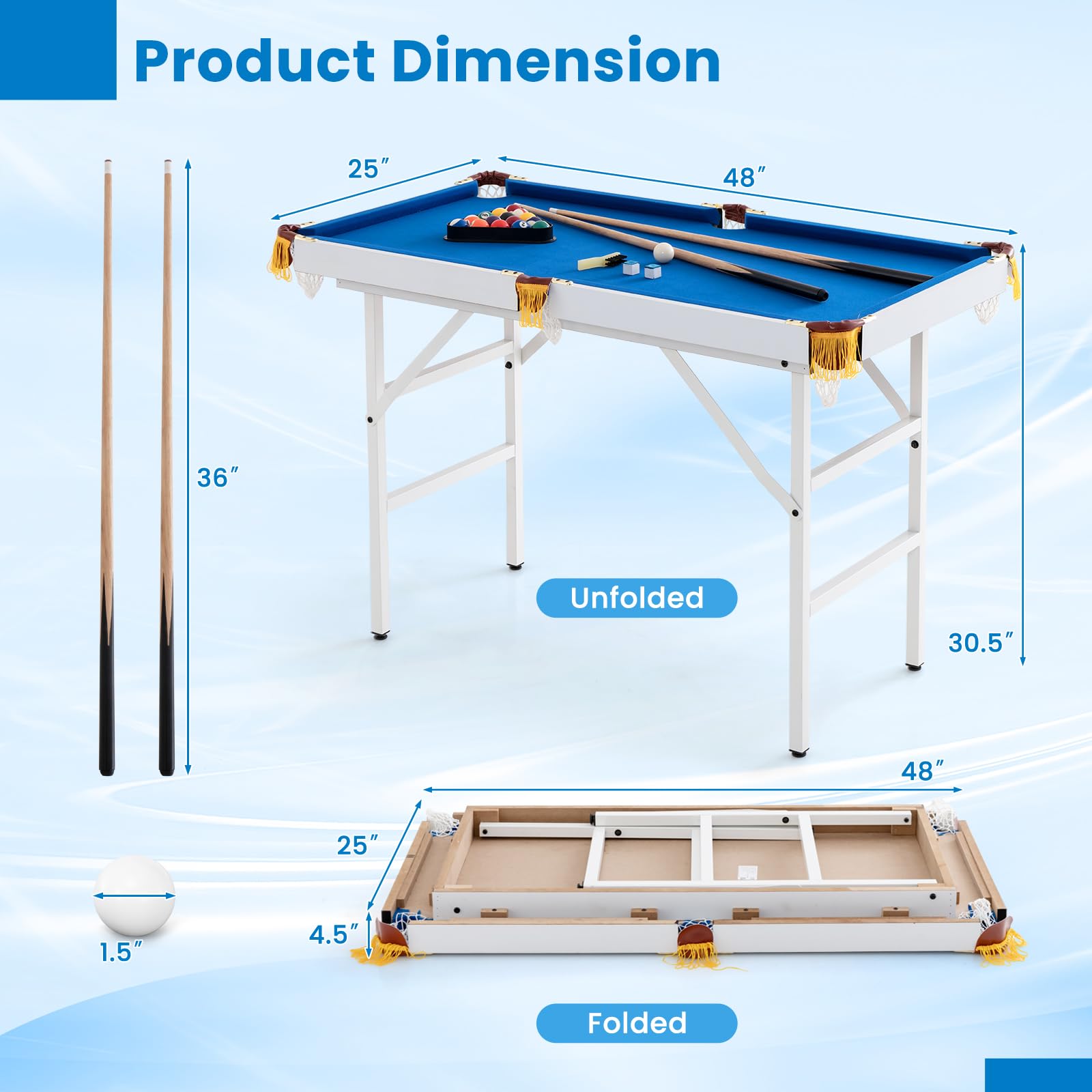 HONEY JOY 48 Inch Portable Folding Pool Table Set - 4 FT Mini Billiard Table with 2 Cue Sticks, 16 Balls, Triangle Rack, 2 Chalks & Brush - Indoor Outdoor Game Table for Kids Adults & Family Game Room - Perfect for Home Entertainment, Parties & Backyard Fun