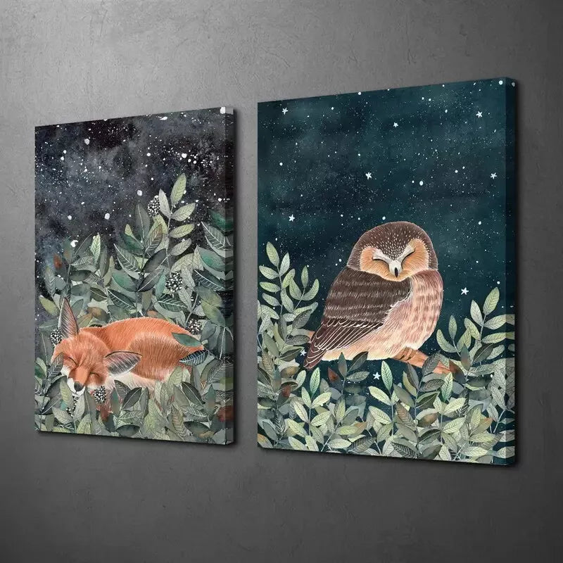 2Pcs Nocturnal Animals Canvas Wall Art - 50x75cm Framed Cute Style Decorative Painting | High Quality Print | 100% Australian Made | Ready to Hang | Perfect for Nursery, Living Room & Bedroom Decor