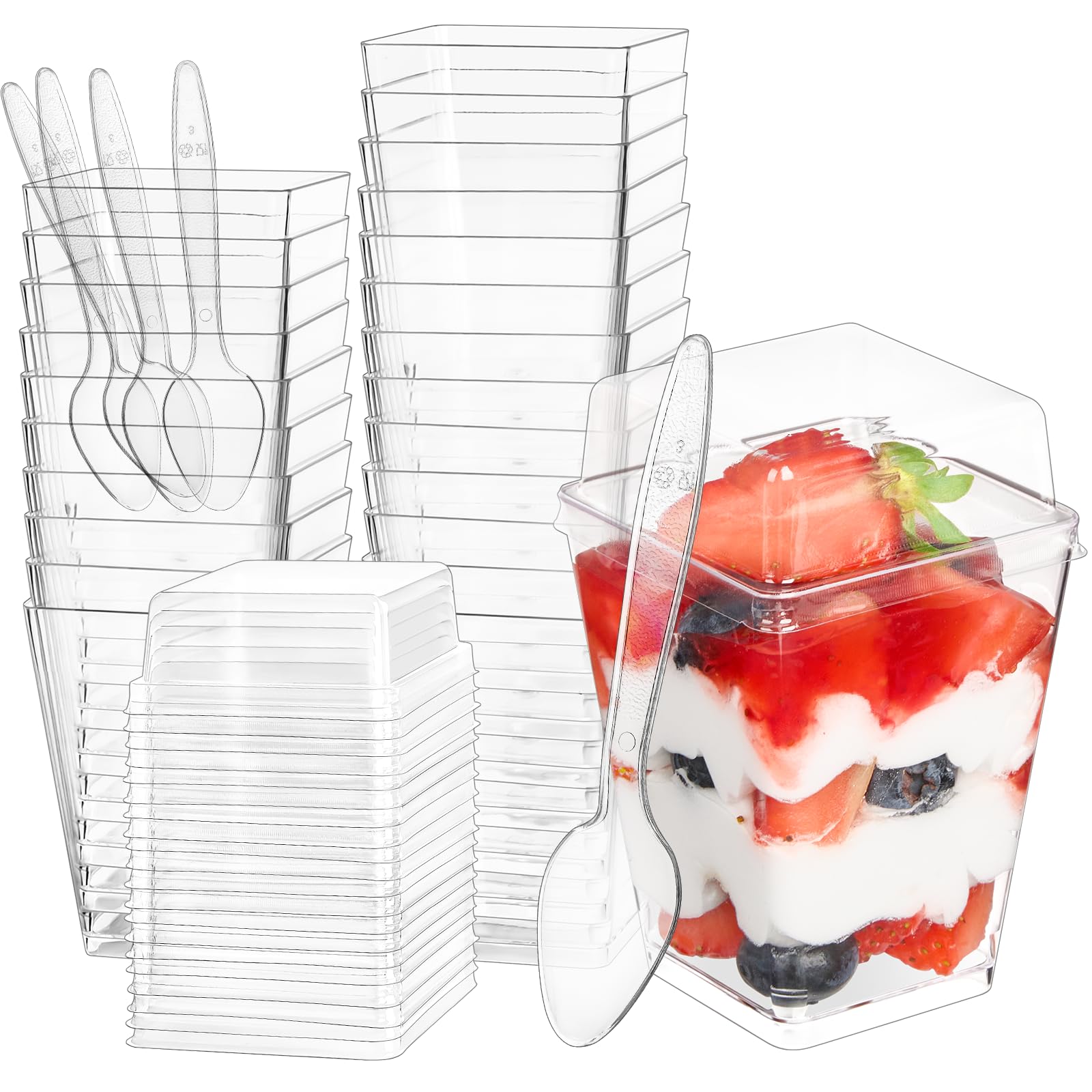 50 Pack 5 oz Clear Plastic Dessert Cups with Lids & Spoons - Square Mini Parfait Cups for Pudding, Jello, Fruit, Appetizers | Party Serving, Catering, Events, Picnics, Home Entertaining