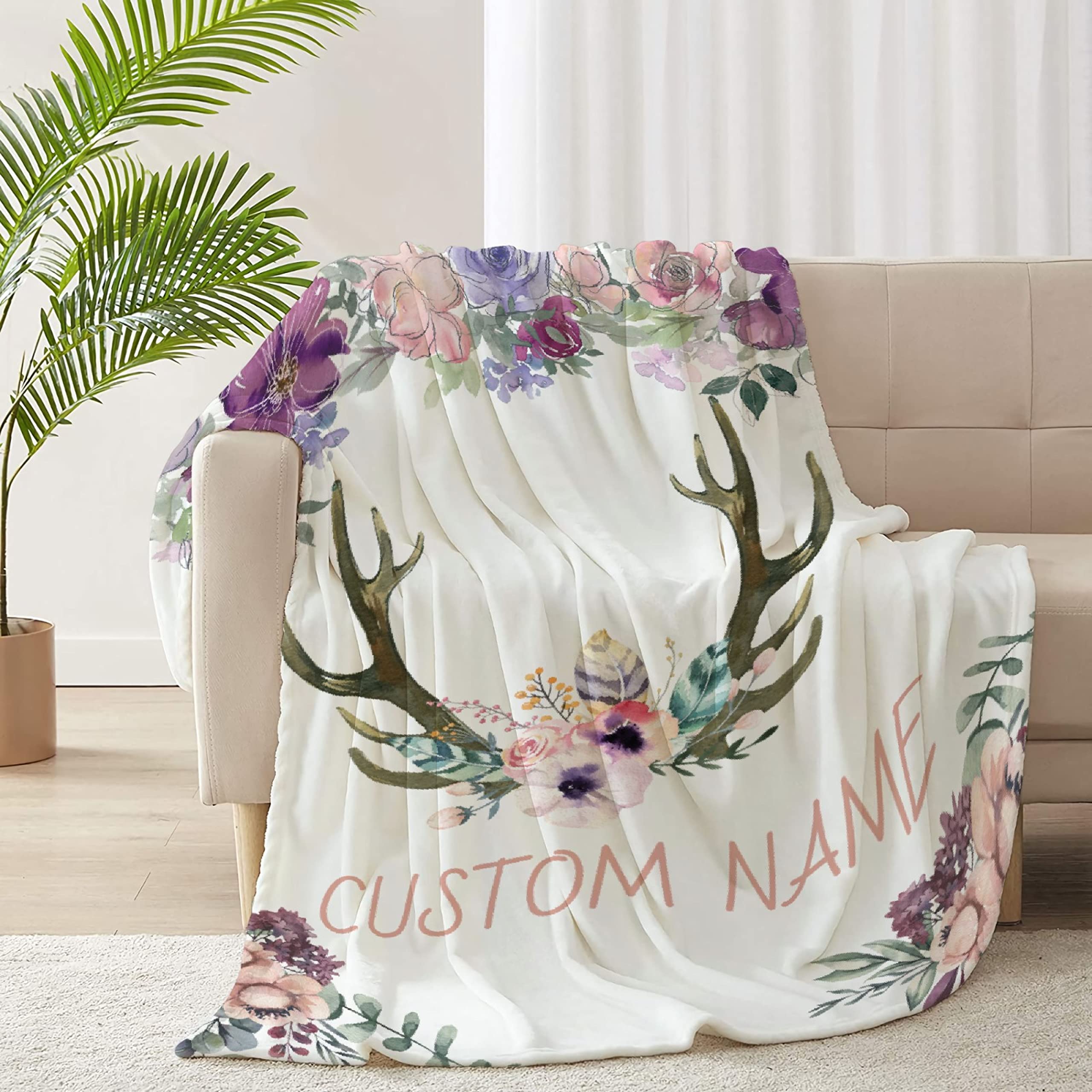 Personalized Baby Blanket with Name - Deer & Floral Pink Fleece Blanket for Girls, Boys, Baby Shower Gift - 120