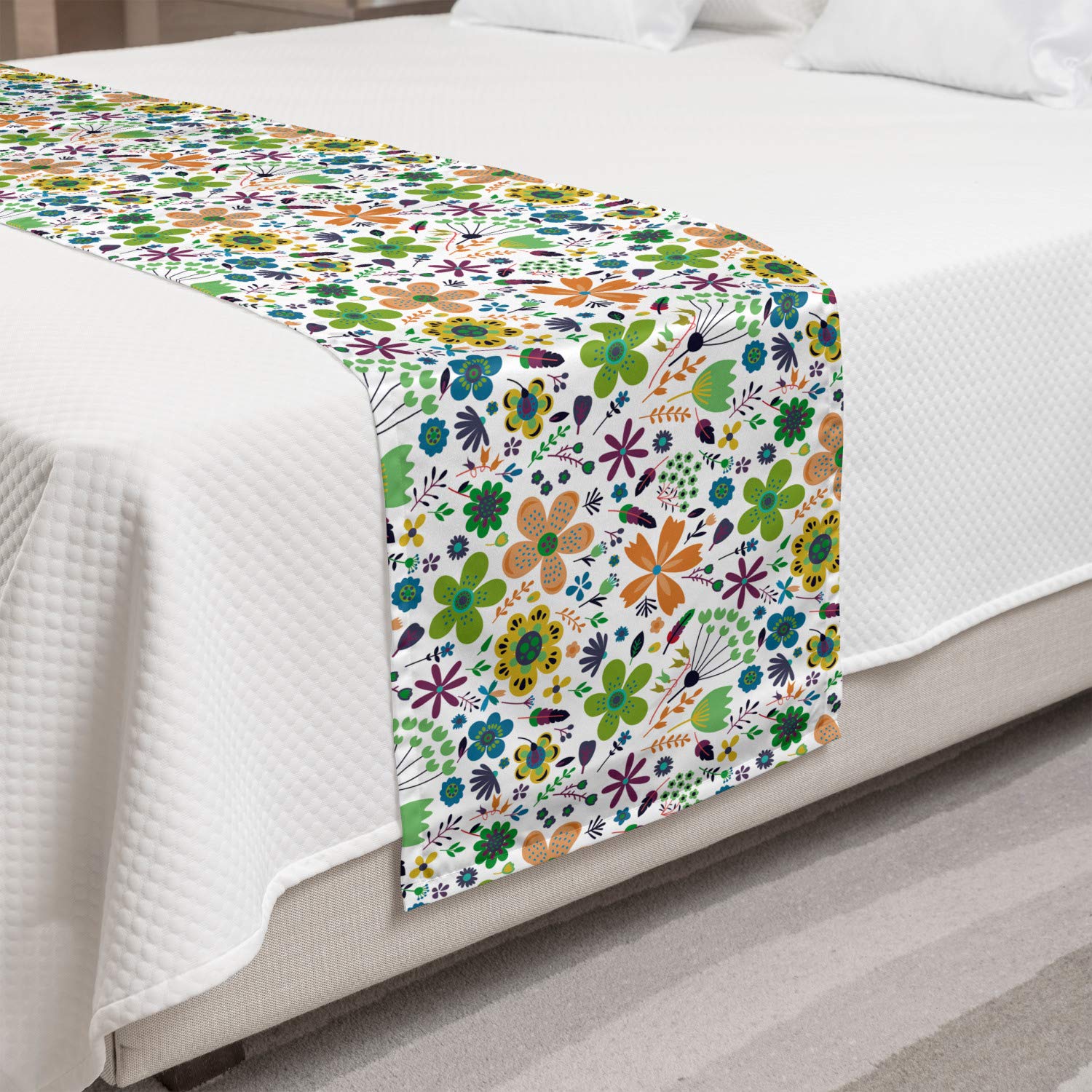 Ambesonne Floral Bed Runner - Pointy Petals & Circular Flower Design on White Backdrop - Decorative Bed Scarf for Hotels, Homes & Guest Rooms - White & Multicolor - Perfect for Bedroom Decor, Wedding Accents & Luxury Hotel Styling